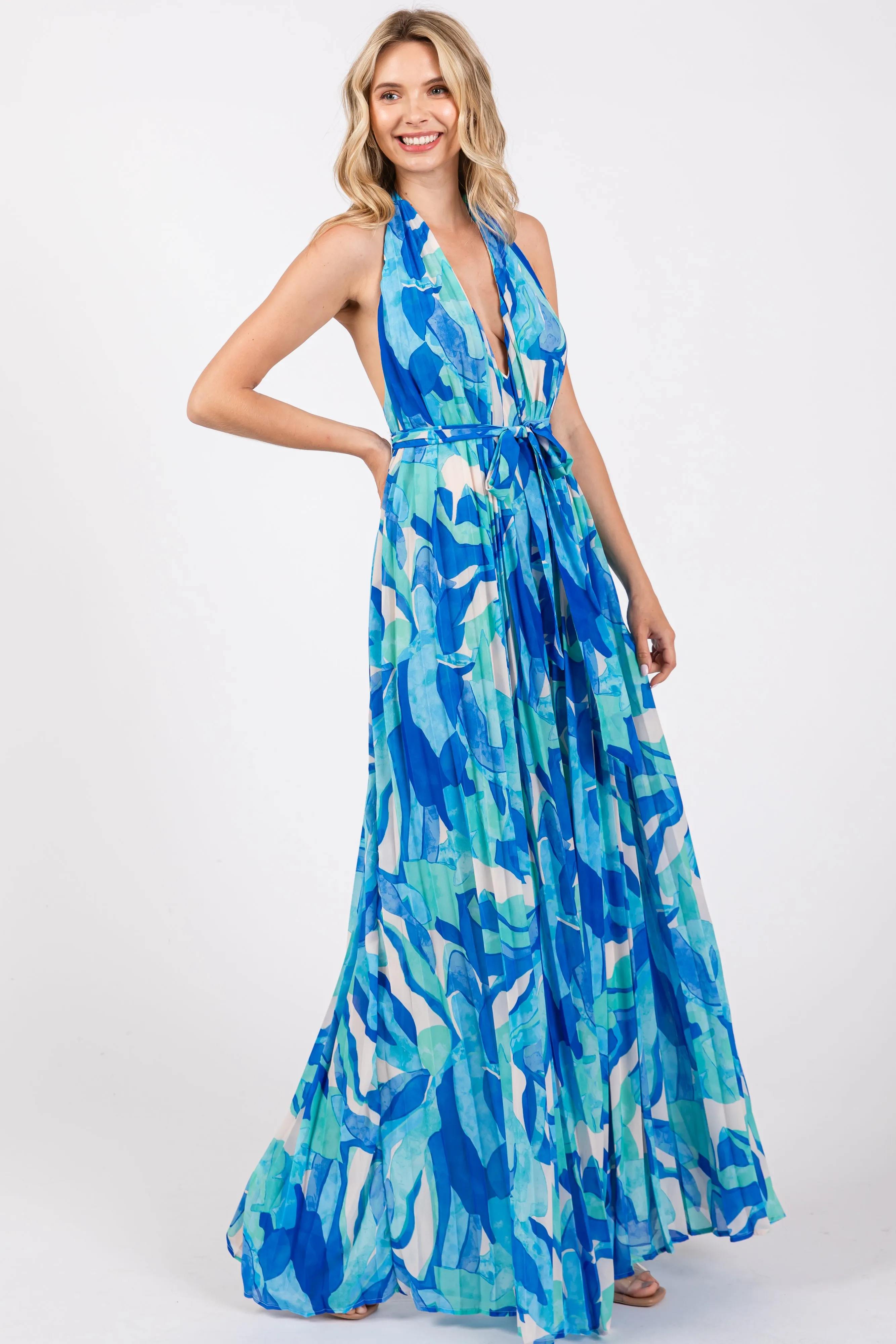 Blue Printed Halter Neck Wide Leg Jumpsuit sold by Pinkblush product image thumbnail 2