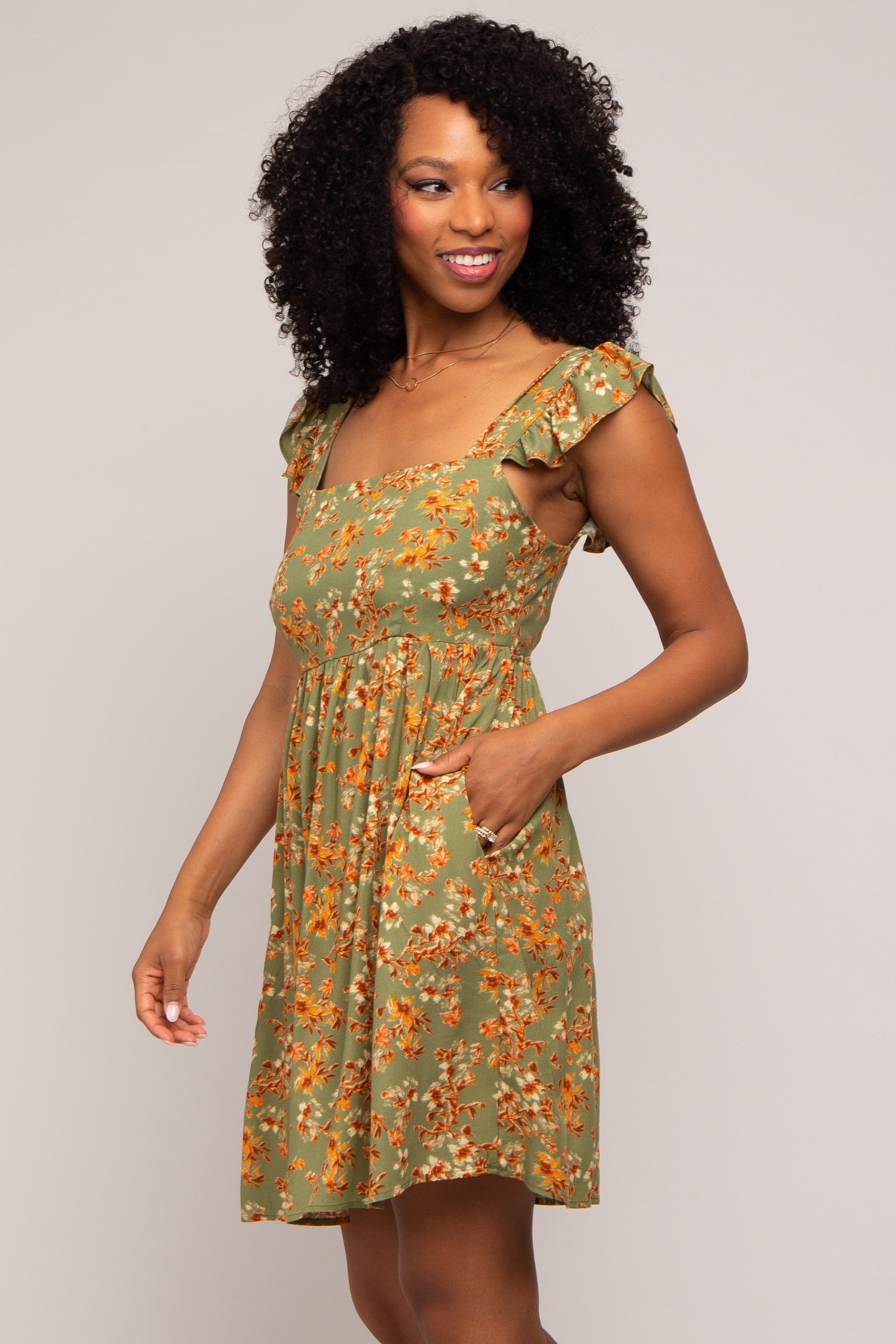 Olive Leaf Print Ruffle Accent Dress sold by Pinkblush product image thumbnail 2