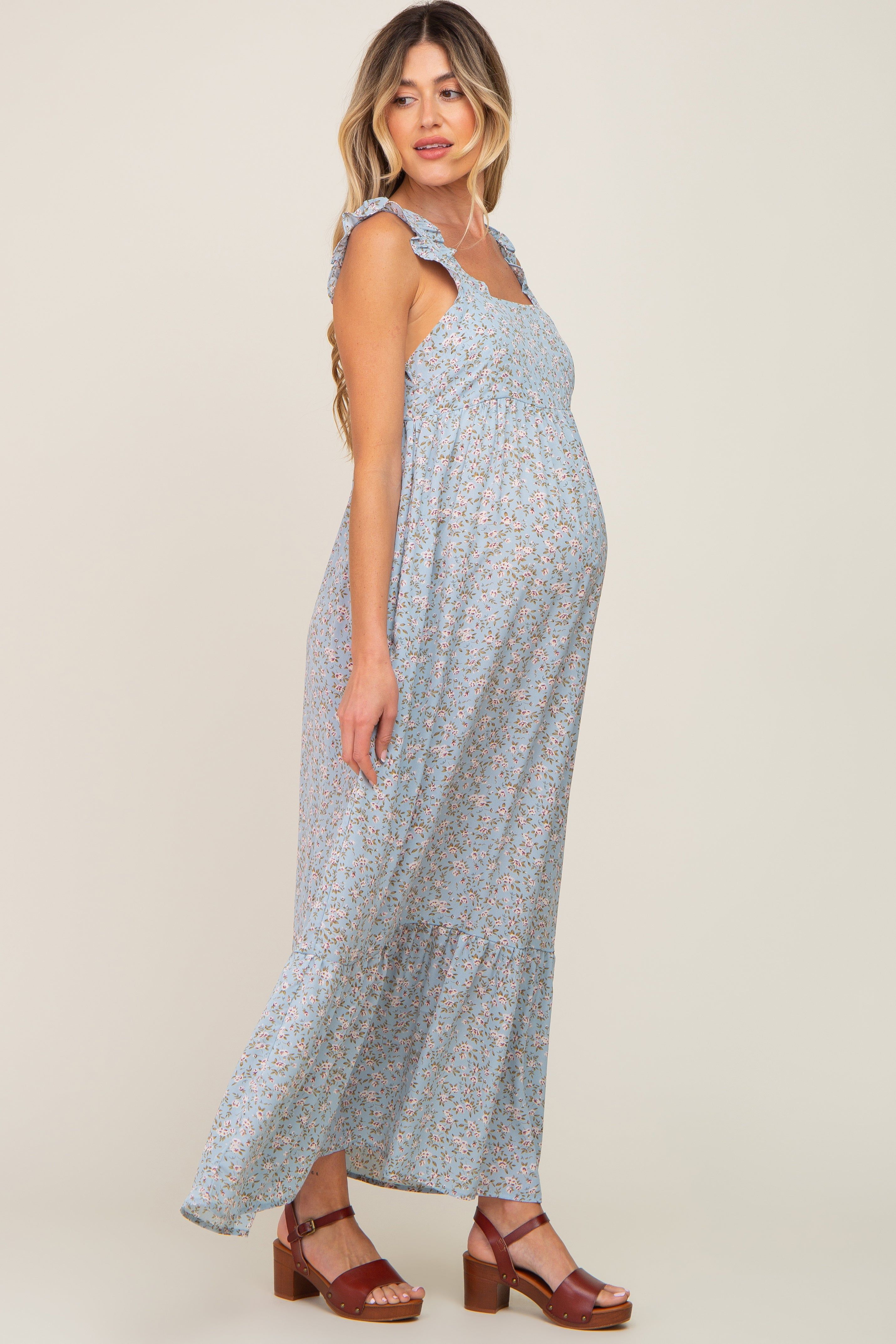 Light Blue Floral Ruffle Trim Maternity Maxi Dress sold by Pinkblush product image thumbnail 2