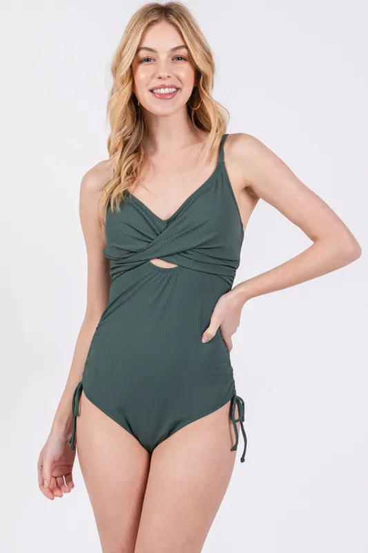 Olive Ribbed Wrap Front Drawstring Side One-Piece Swimsuit sold by Pinkblush