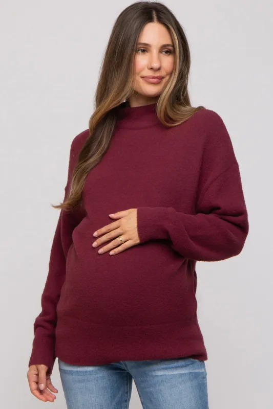 Burgundy Fuzzy Knit Mock Neck Maternity Sweater sold by Pinkblush