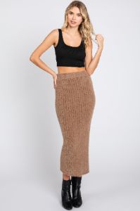 Mocha Fuzzy Ribbed Midi Skirt sold by Pinkblush