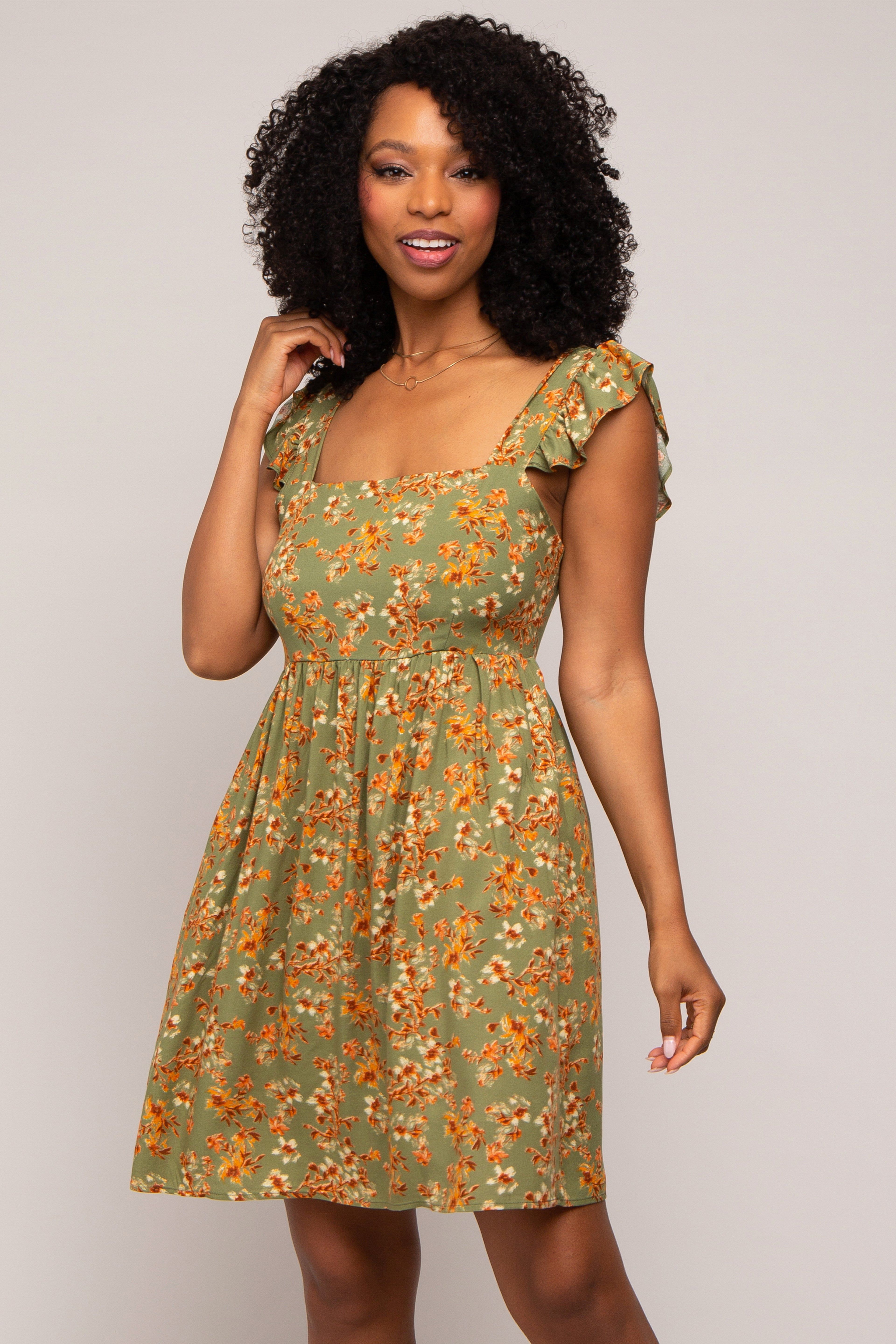 Olive Leaf Print Ruffle Accent Dress sold by Pinkblush