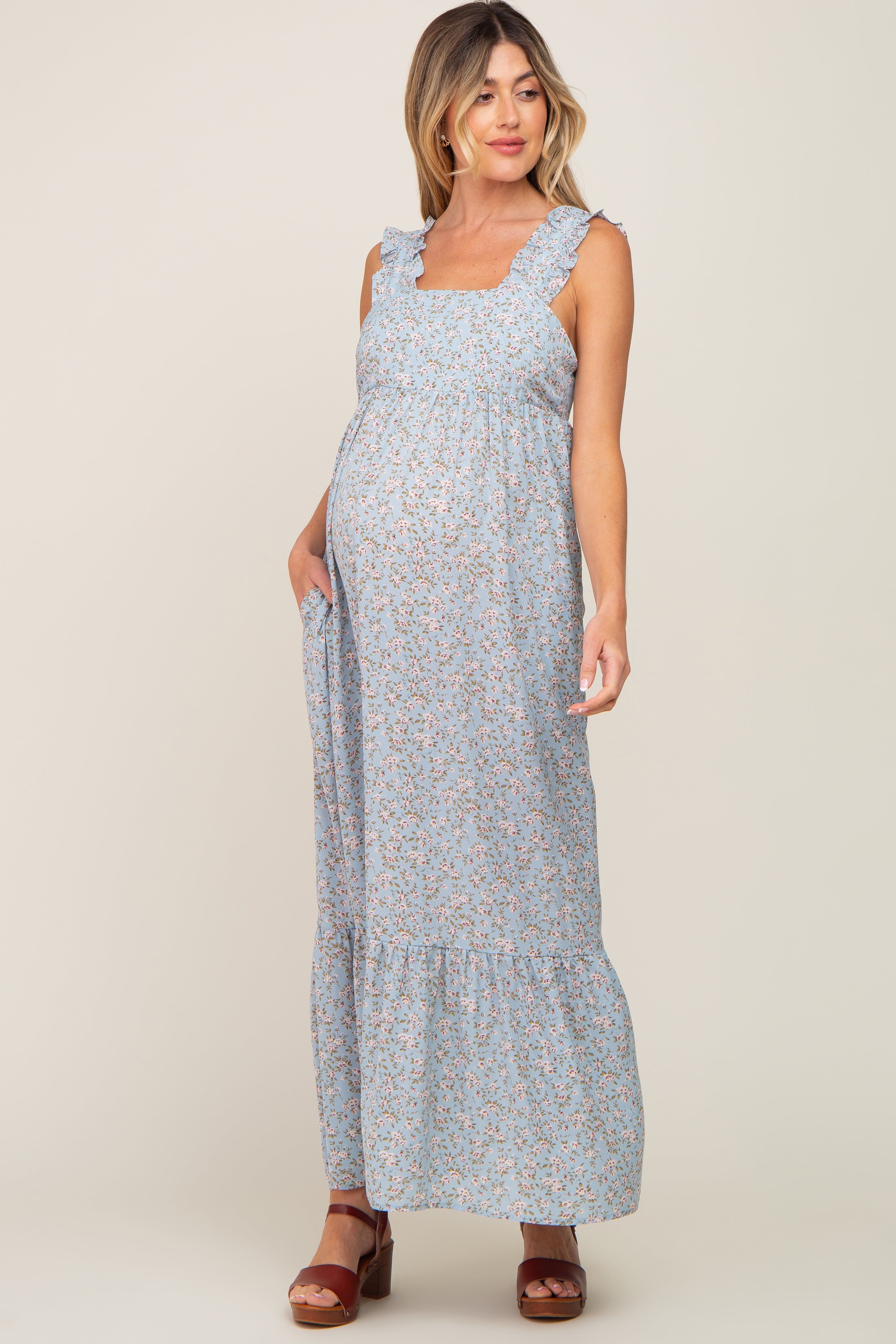 Light Blue Floral Ruffle Trim Maternity Maxi Dress sold by Pinkblush product image thumbnail 4