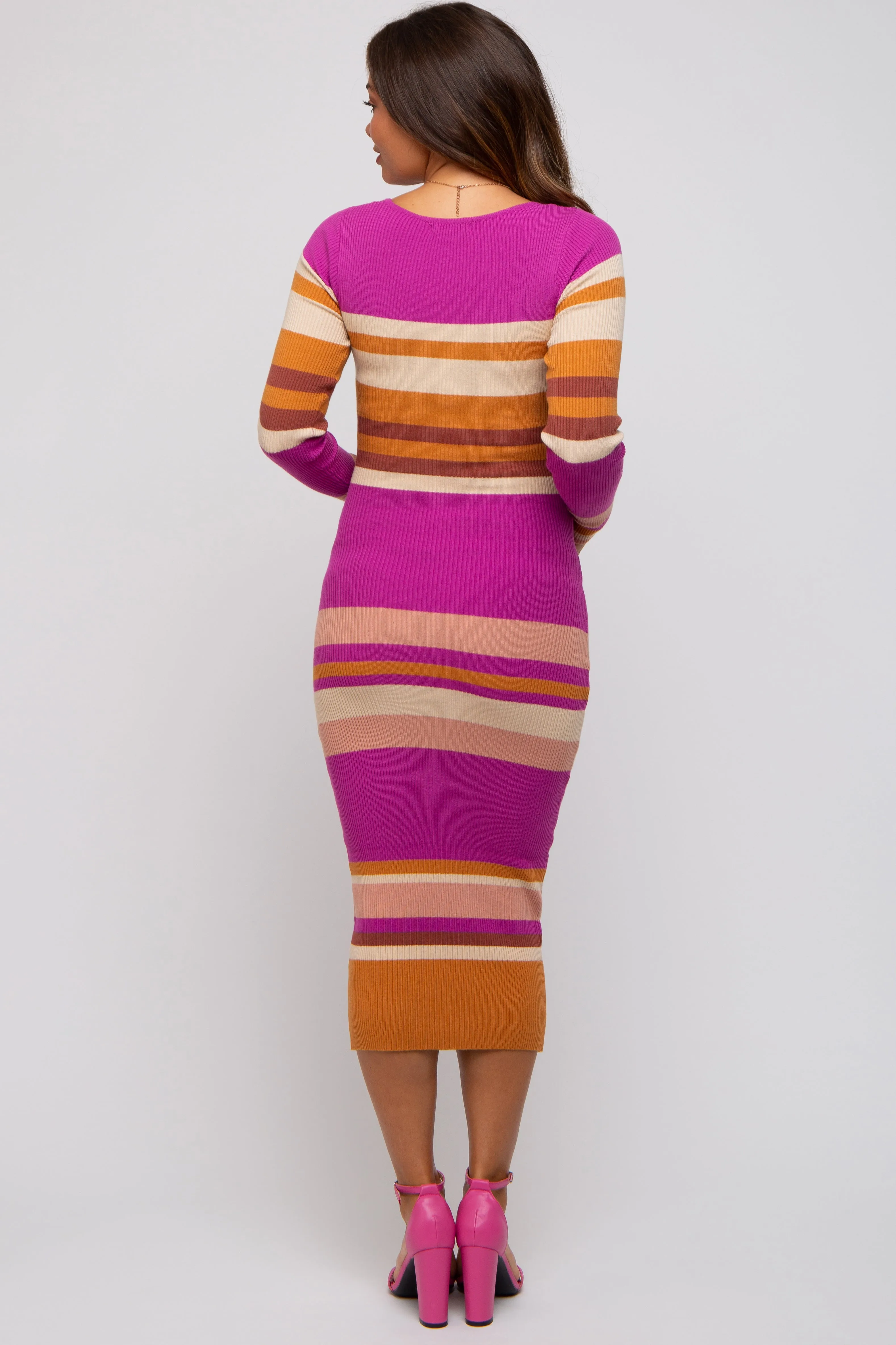 Magenta Striped Long Sleeve Maternity Midi Dress sold by Pinkblush product image thumbnail 2