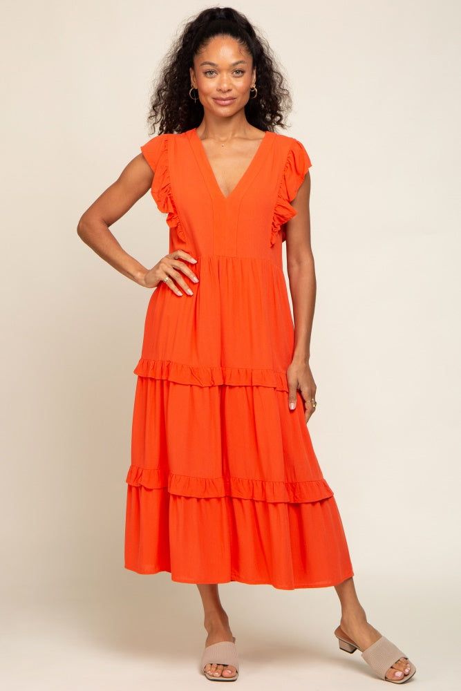Orange Ruffle Accent Tiered Midi Dress sold by Pinkblush