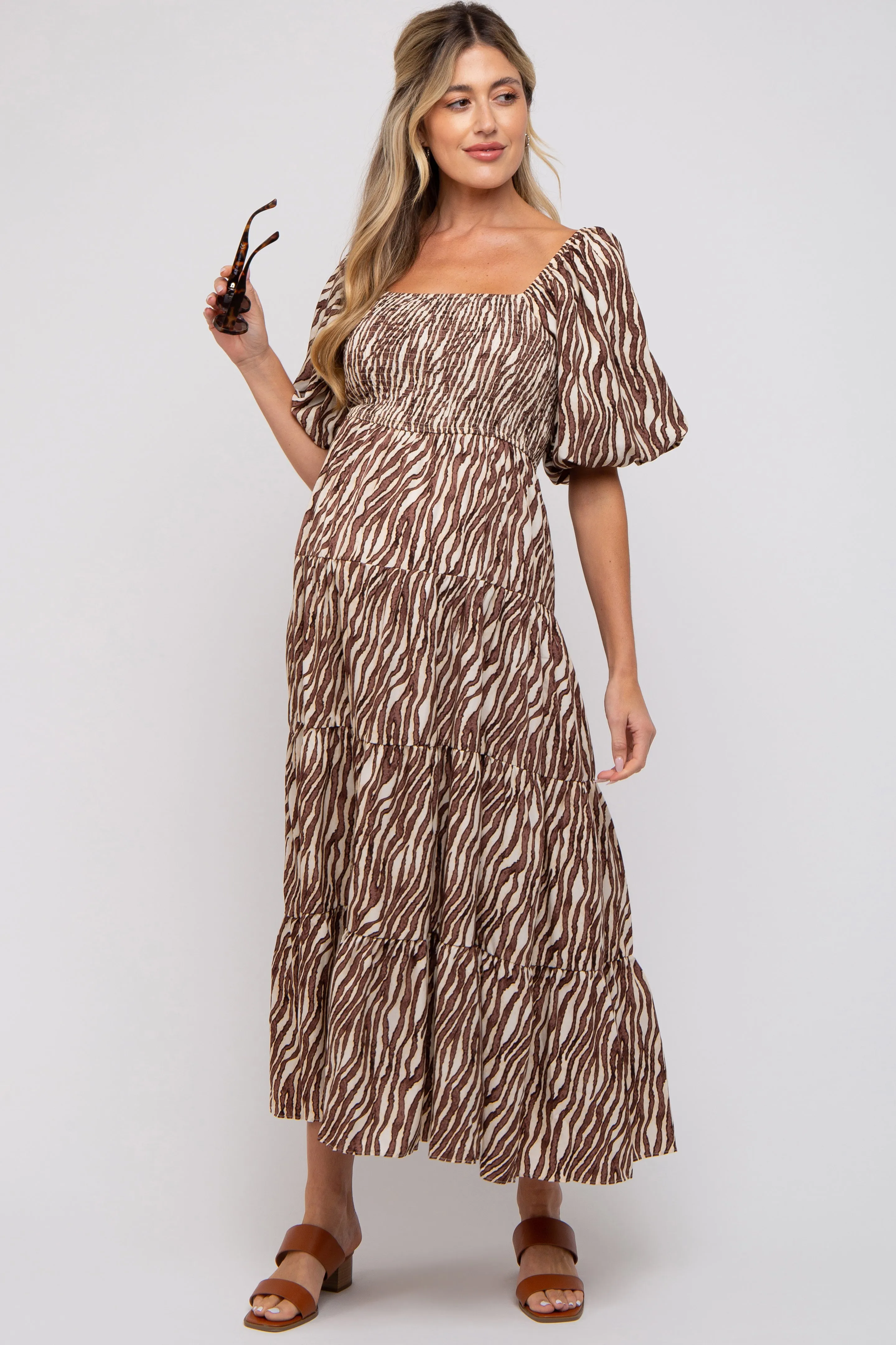 Brown Printed Smocked Maternity Maxi Dress sold by Pinkblush