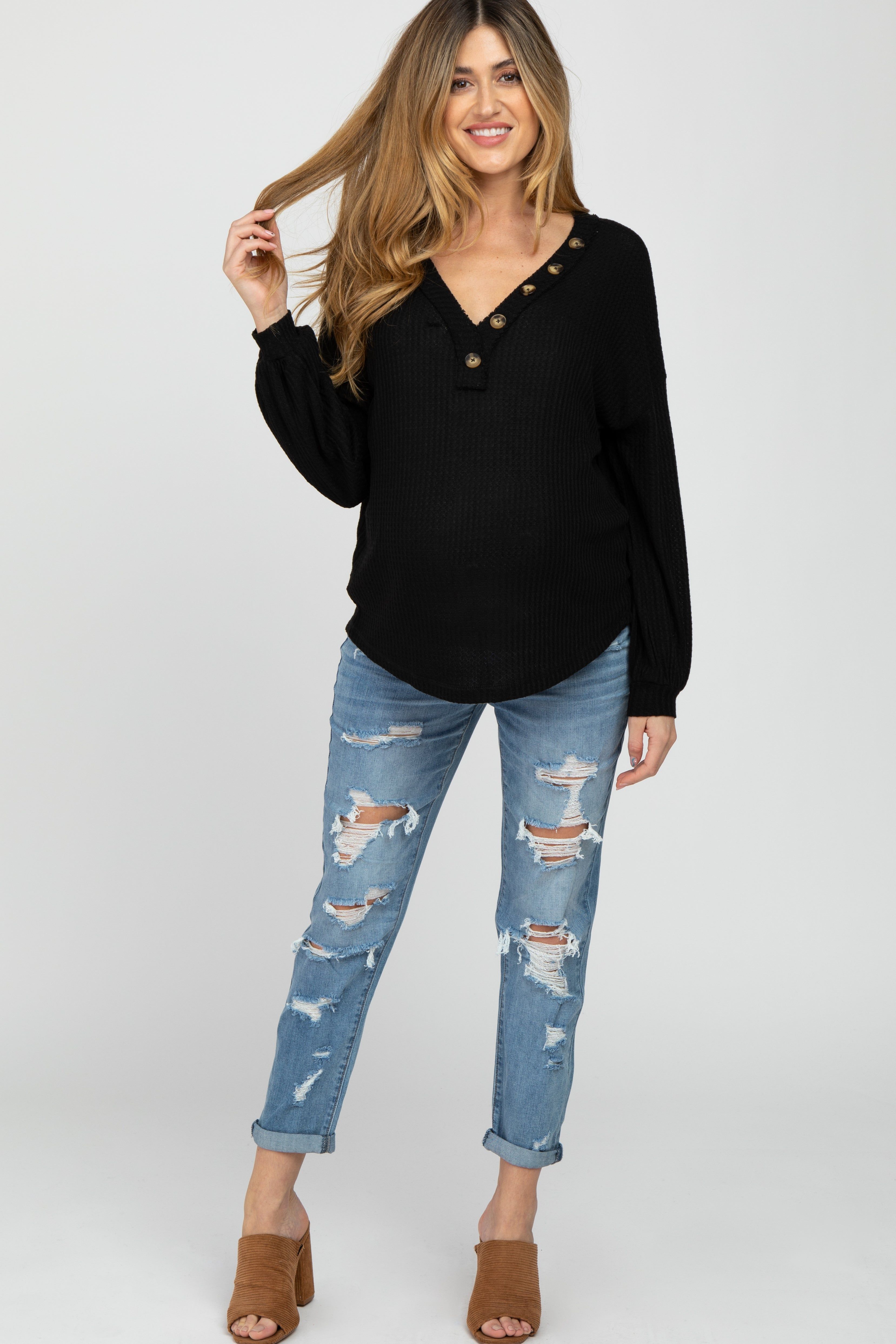 Black Waffle Knit Button Accent Maternity Top sold by Pinkblush product image thumbnail 2
