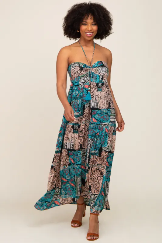 Teal Printed Halter Tassel Front Tie Maxi Dress sold by Pinkblush