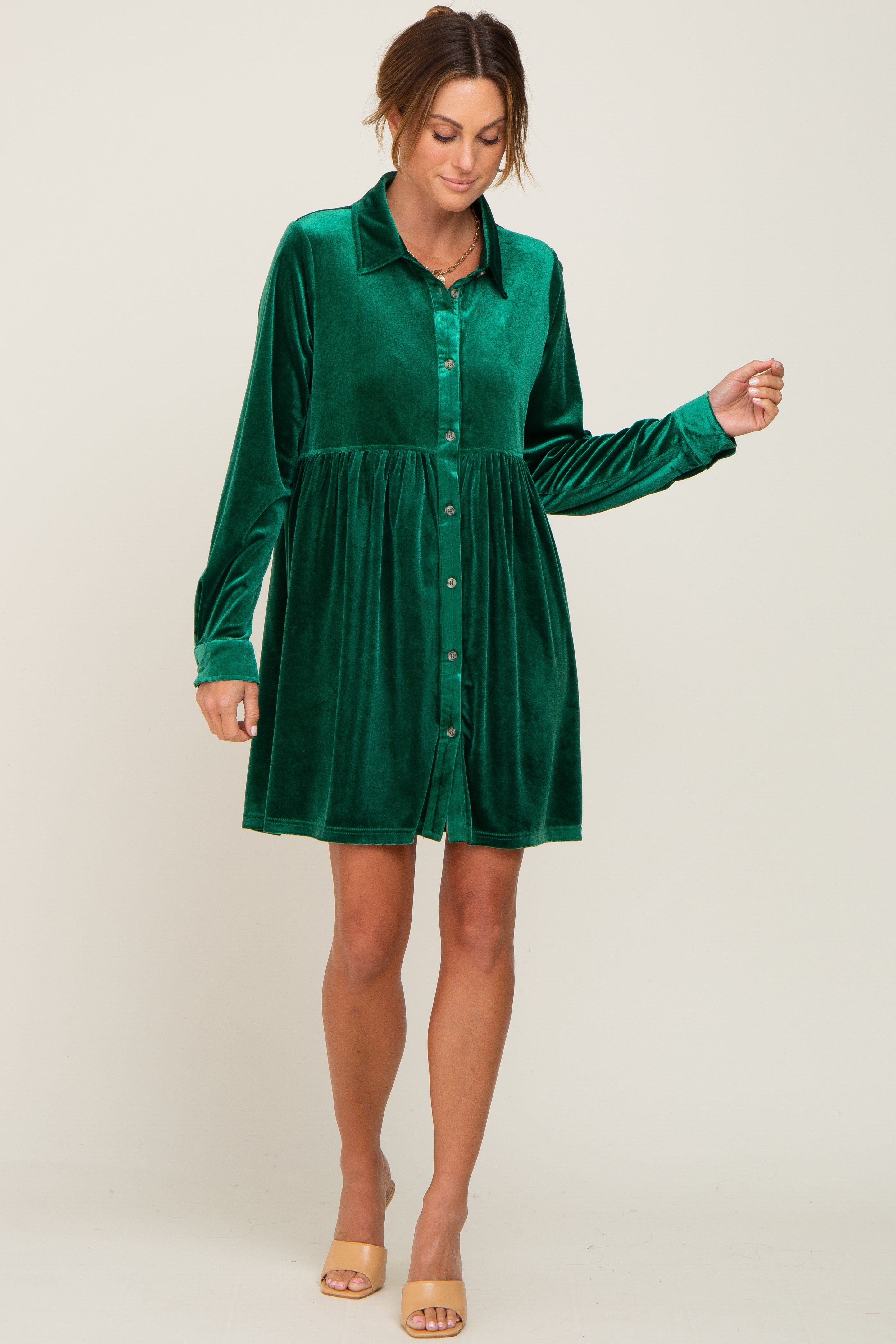 Emerald Green Velvet Button Down Mini Dress sold by Pinkblush product image thumbnail 4