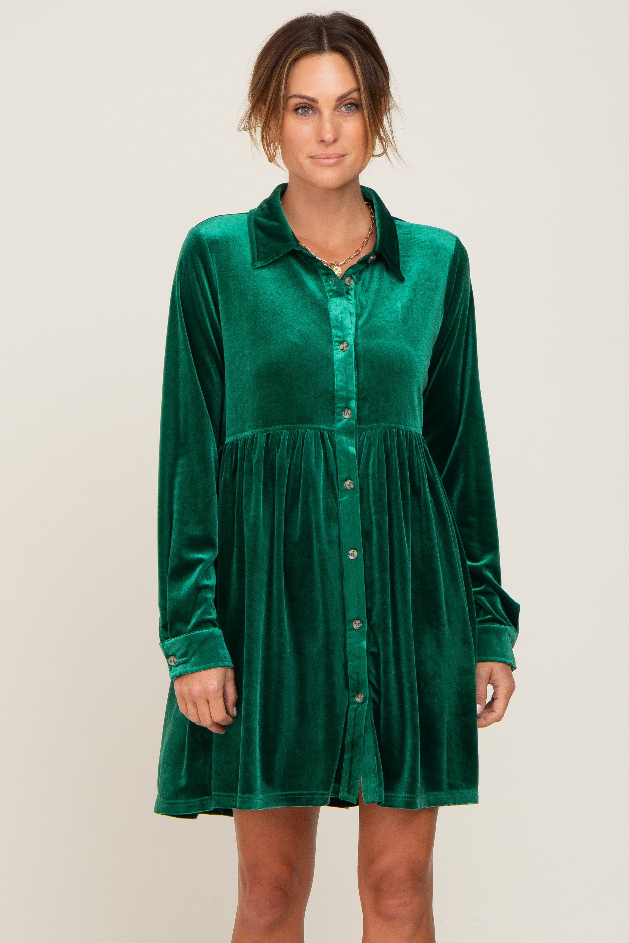 Emerald Green Velvet Button Down Mini Dress sold by Pinkblush