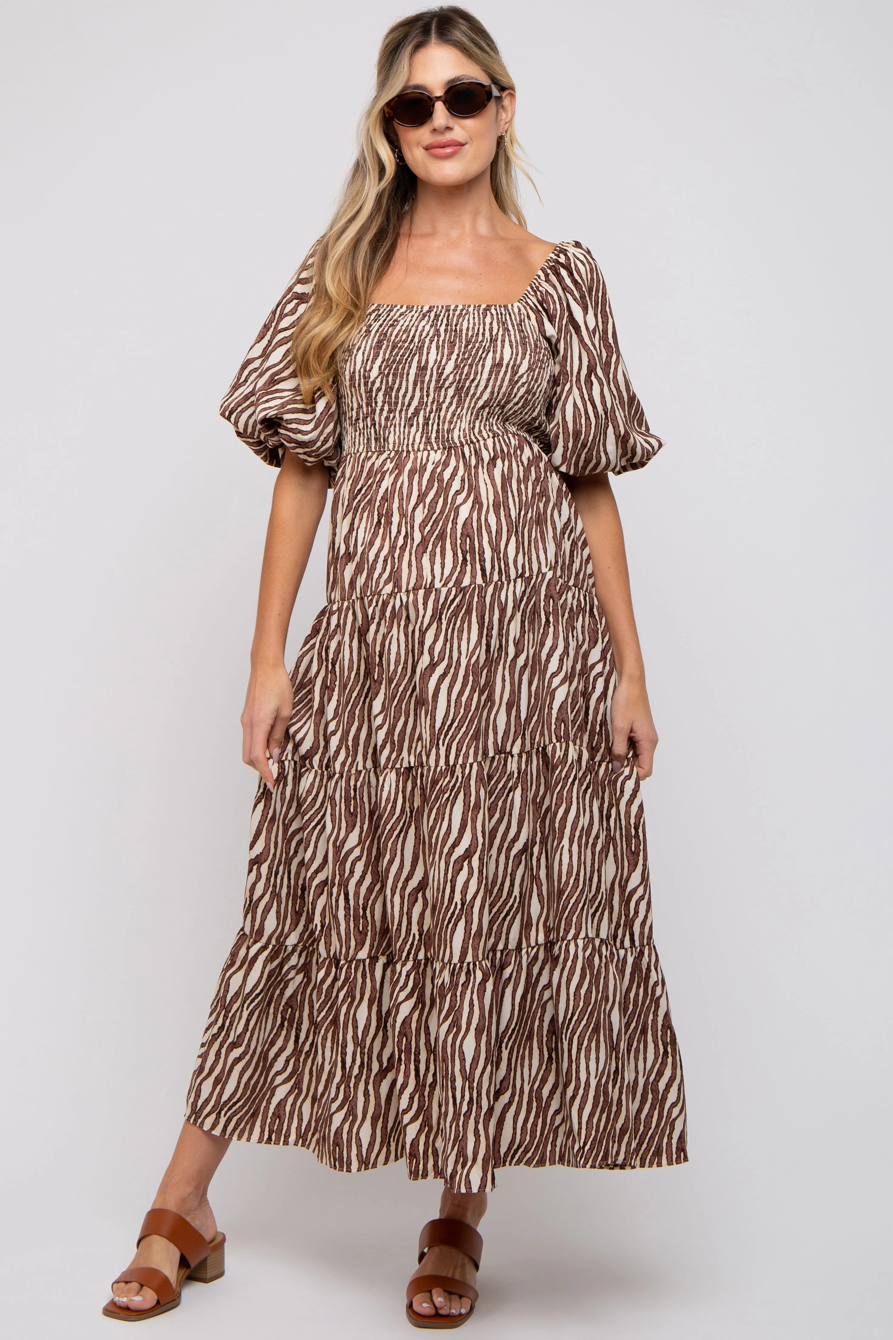 Brown Printed Smocked Maternity Maxi Dress sold by Pinkblush product image thumbnail 5
