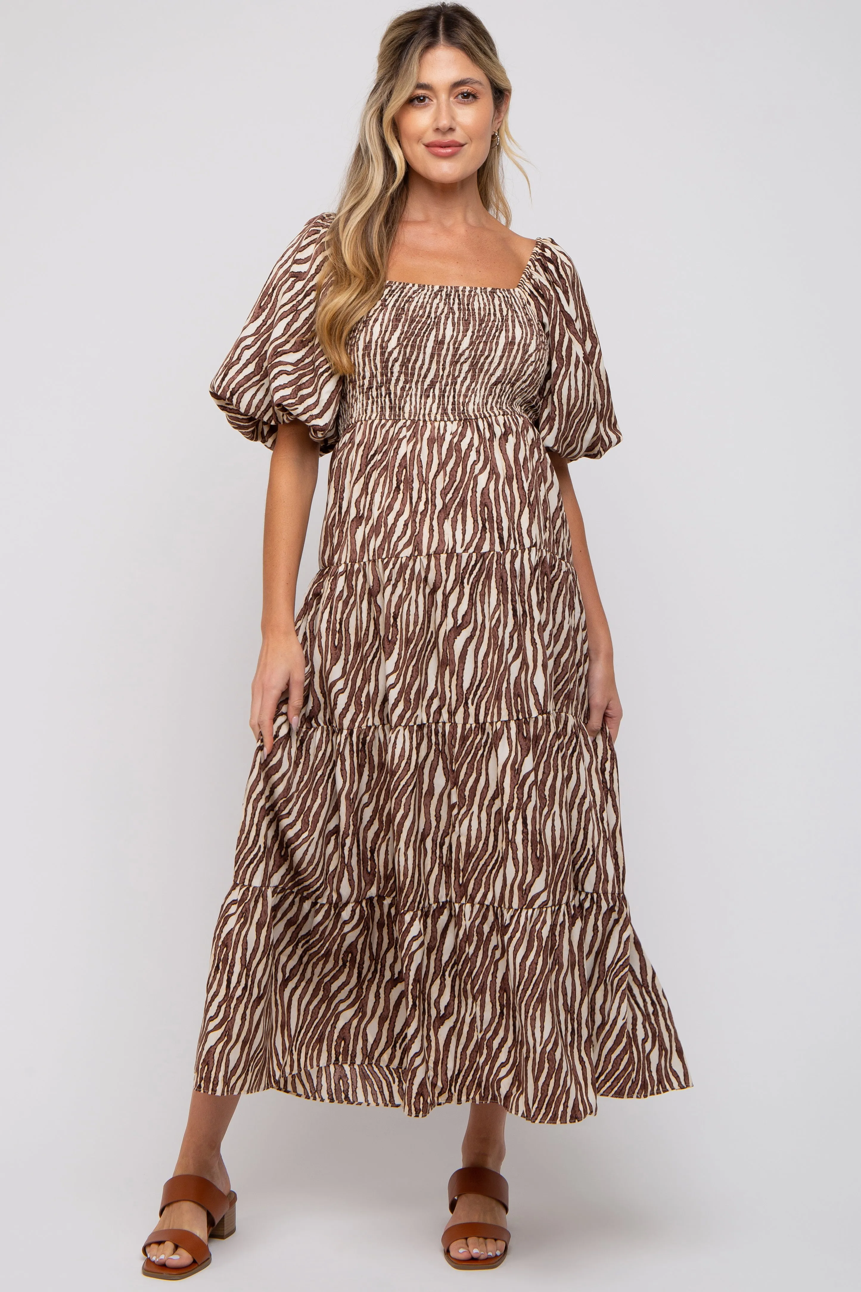 Brown Printed Smocked Maternity Maxi Dress sold by Pinkblush product image thumbnail 2
