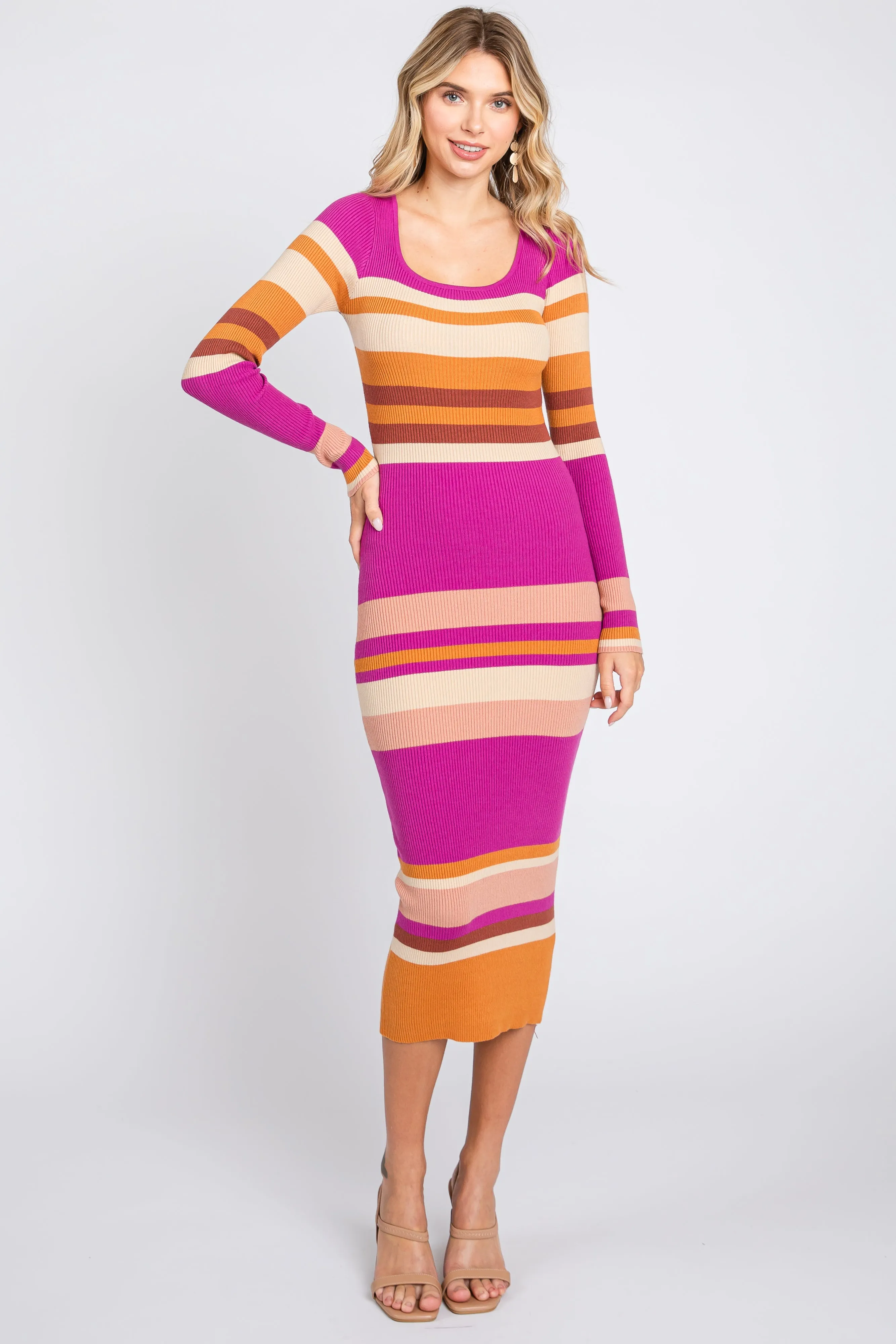 Magenta Striped Long Sleeve Maternity Midi Dress sold by Pinkblush product image thumbnail 4