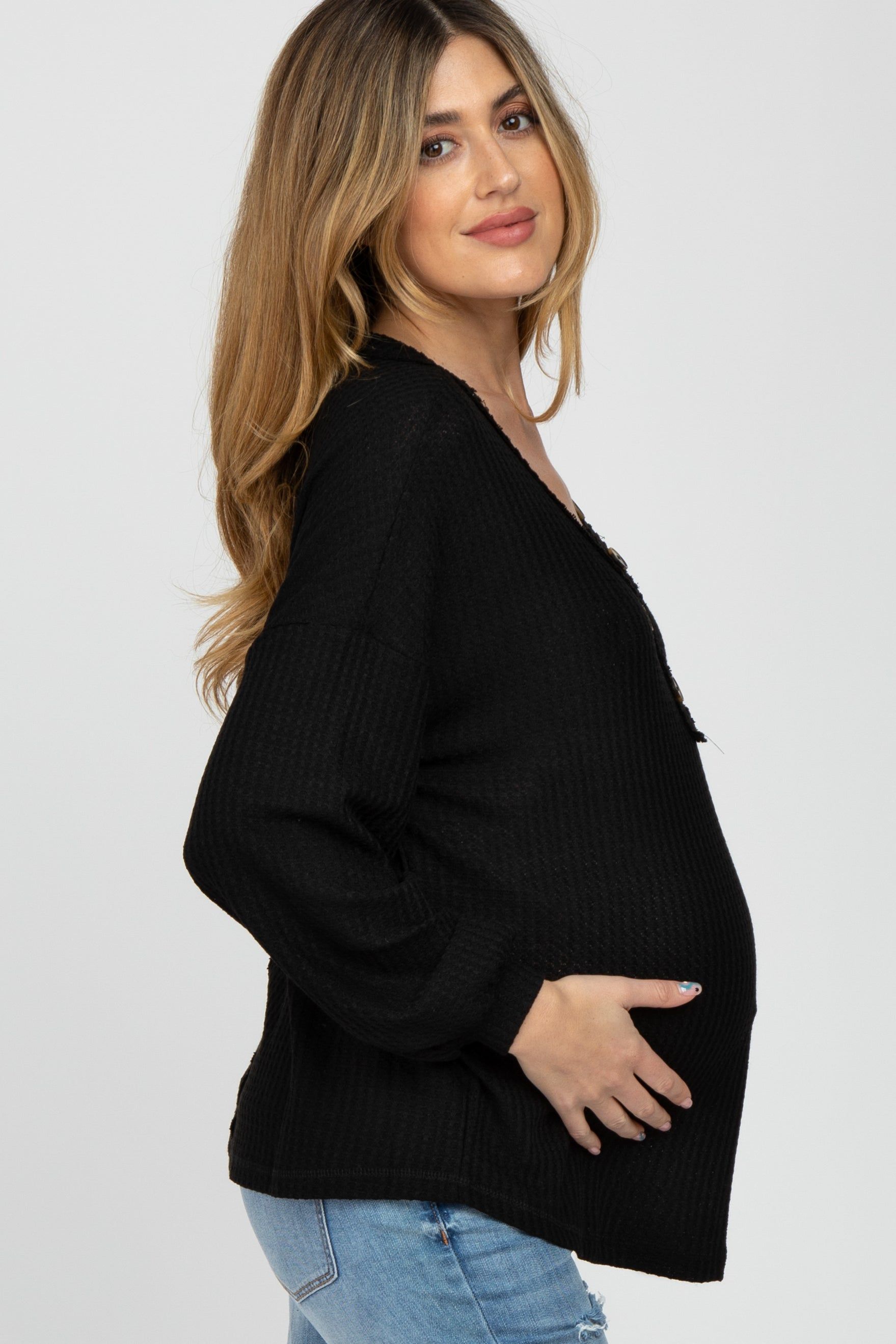 Black Waffle Knit Button Accent Maternity Top sold by Pinkblush product image thumbnail 3