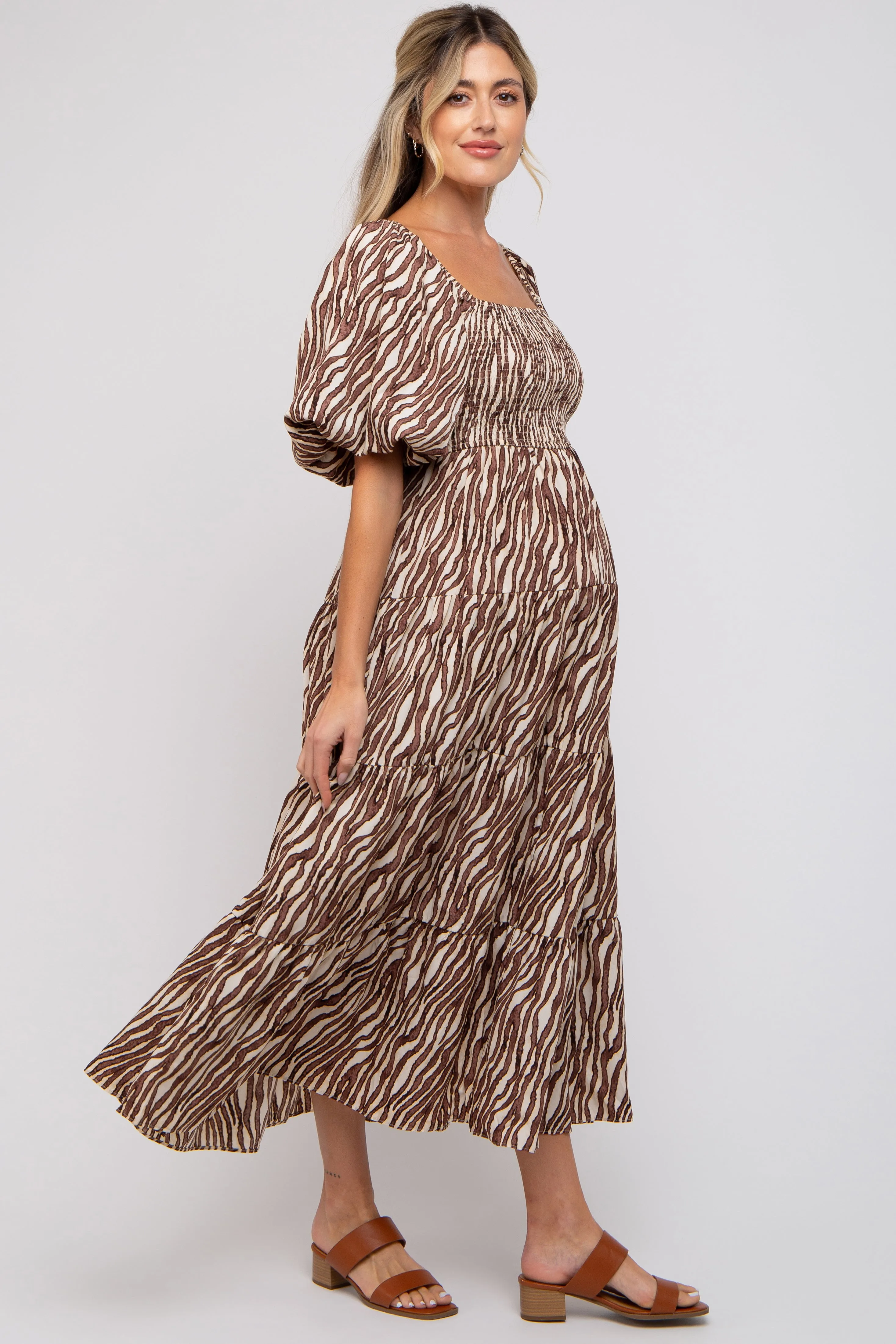 Brown Printed Smocked Maternity Maxi Dress sold by Pinkblush product image thumbnail 3