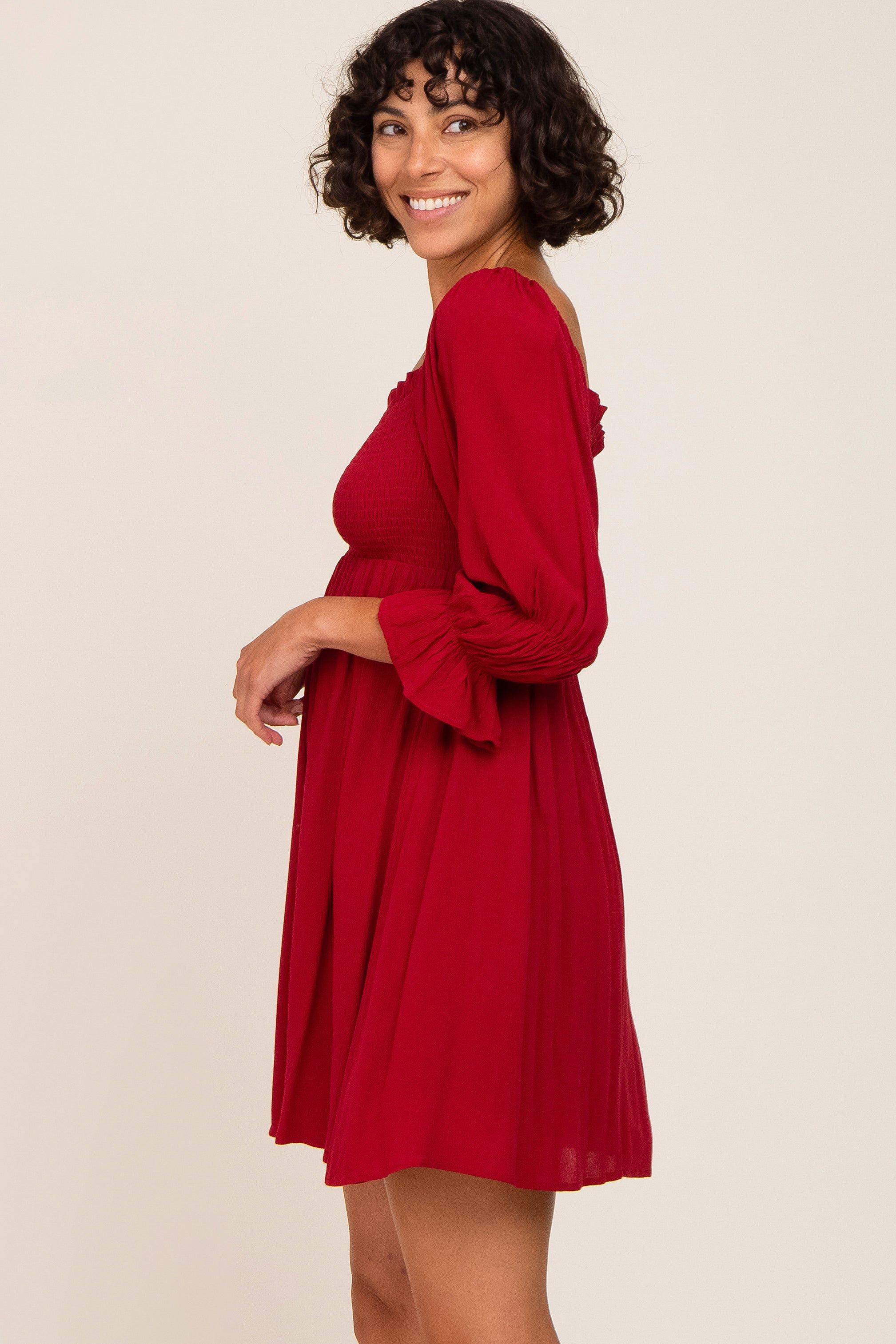 Burgundy Smocked 3/4 Sleeve Dress sold by Pinkblush product image thumbnail 2