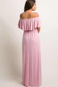 Light Pink Off Shoulder Ruffle Trim Maternity Maxi Dress sold by Pinkblush