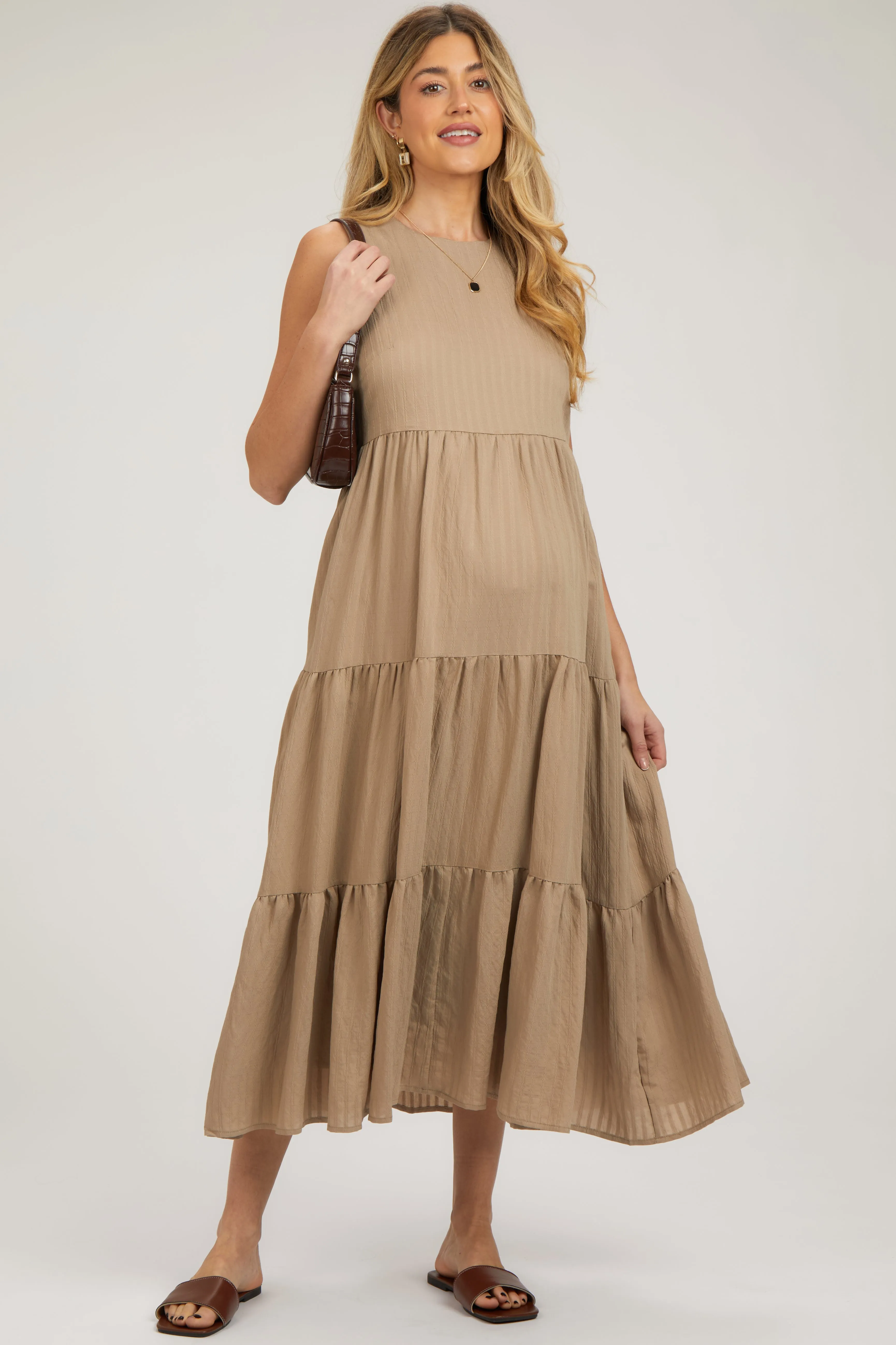 Mocha Sleeveless Tiered Maternity Maxi Dress sold by Pinkblush