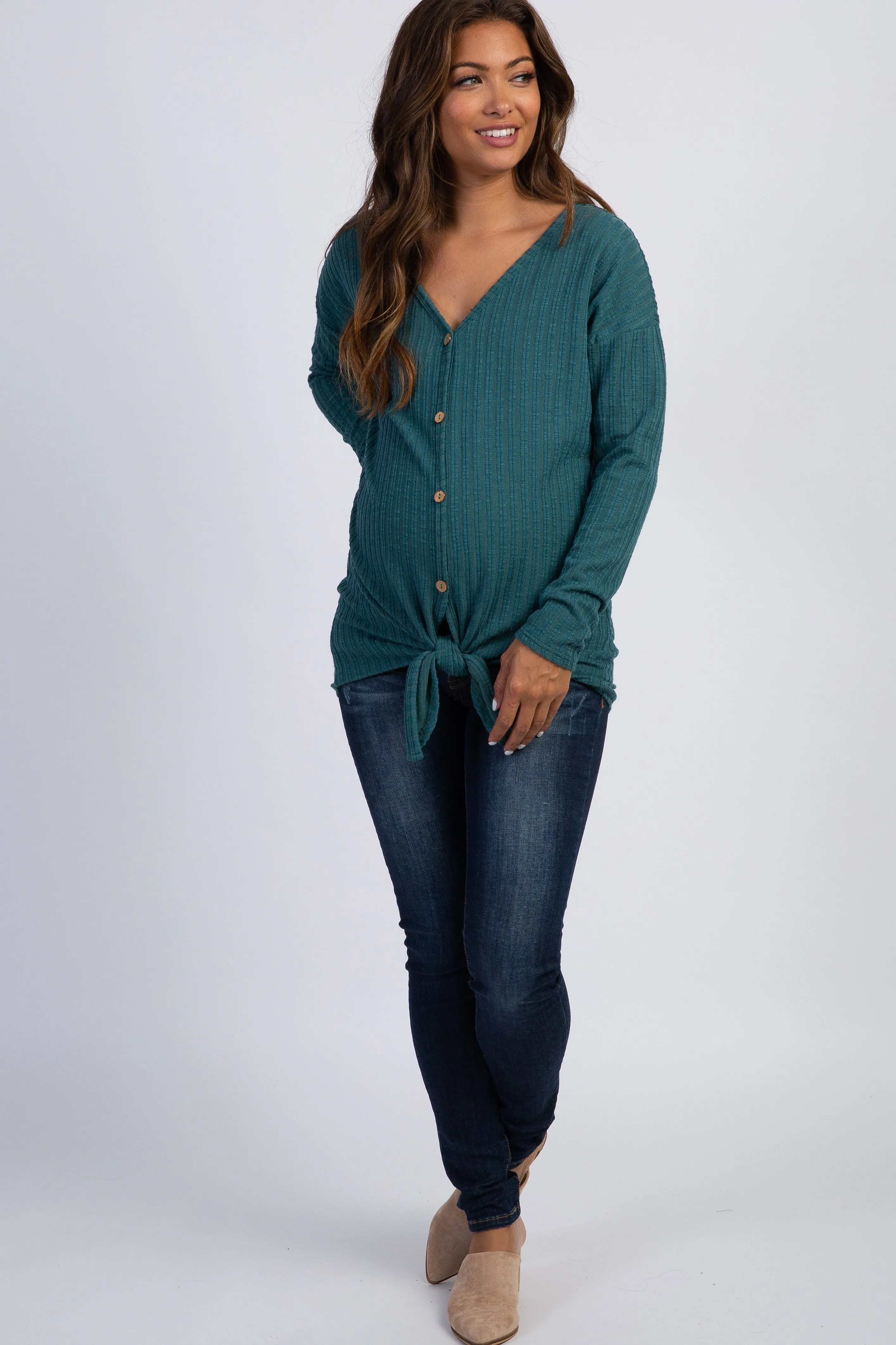 Teal Ribbed Knit Button Tie Front Maternity Top sold by Pinkblush product image thumbnail 4