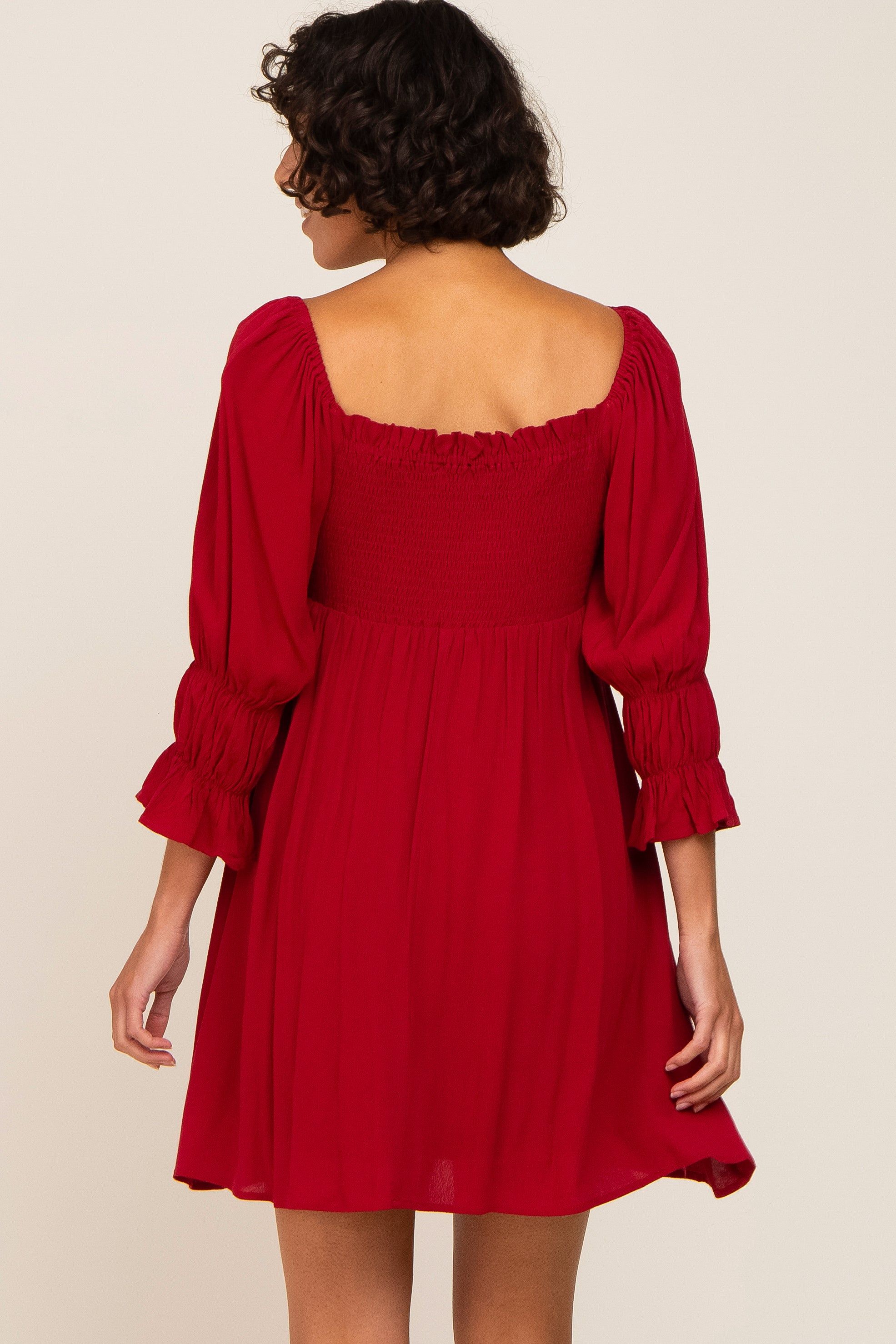 Burgundy Smocked 3/4 Sleeve Dress sold by Pinkblush product image thumbnail 3