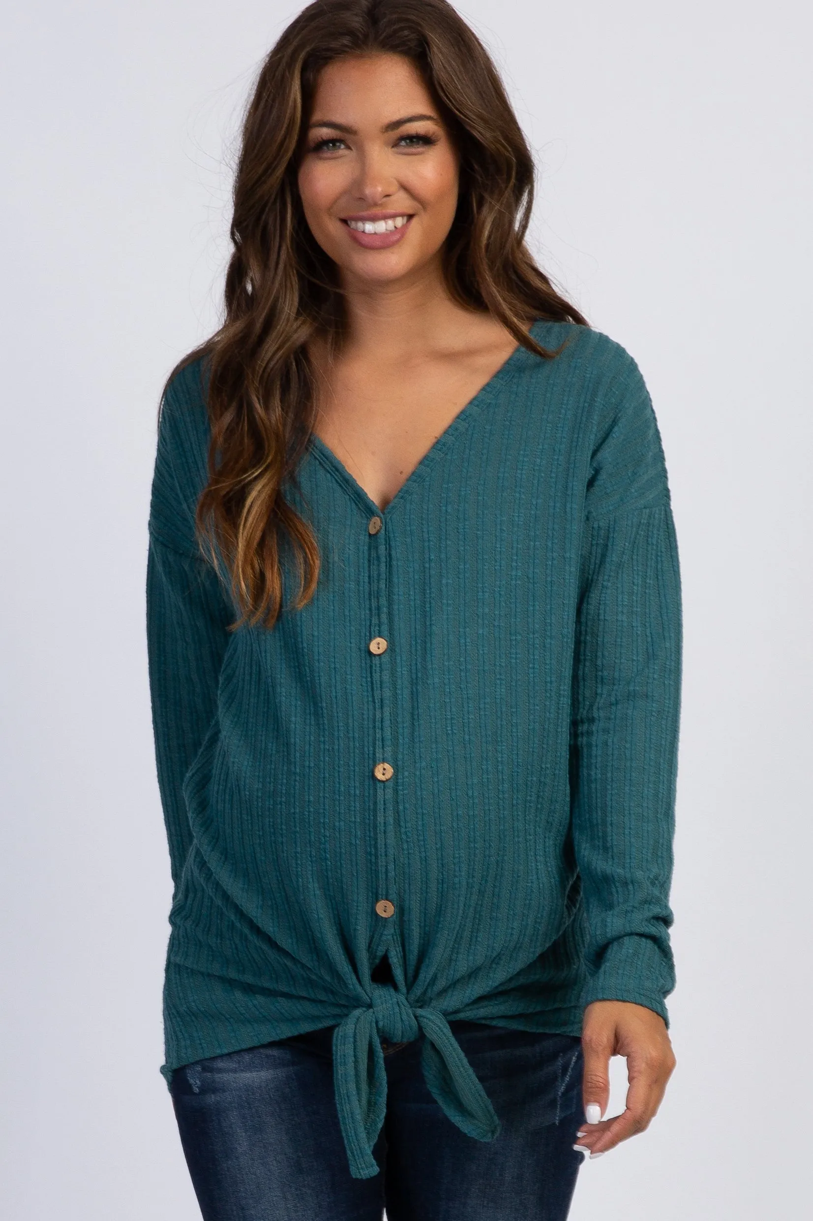 Teal Ribbed Knit Button Tie Front Maternity Top sold by Pinkblush