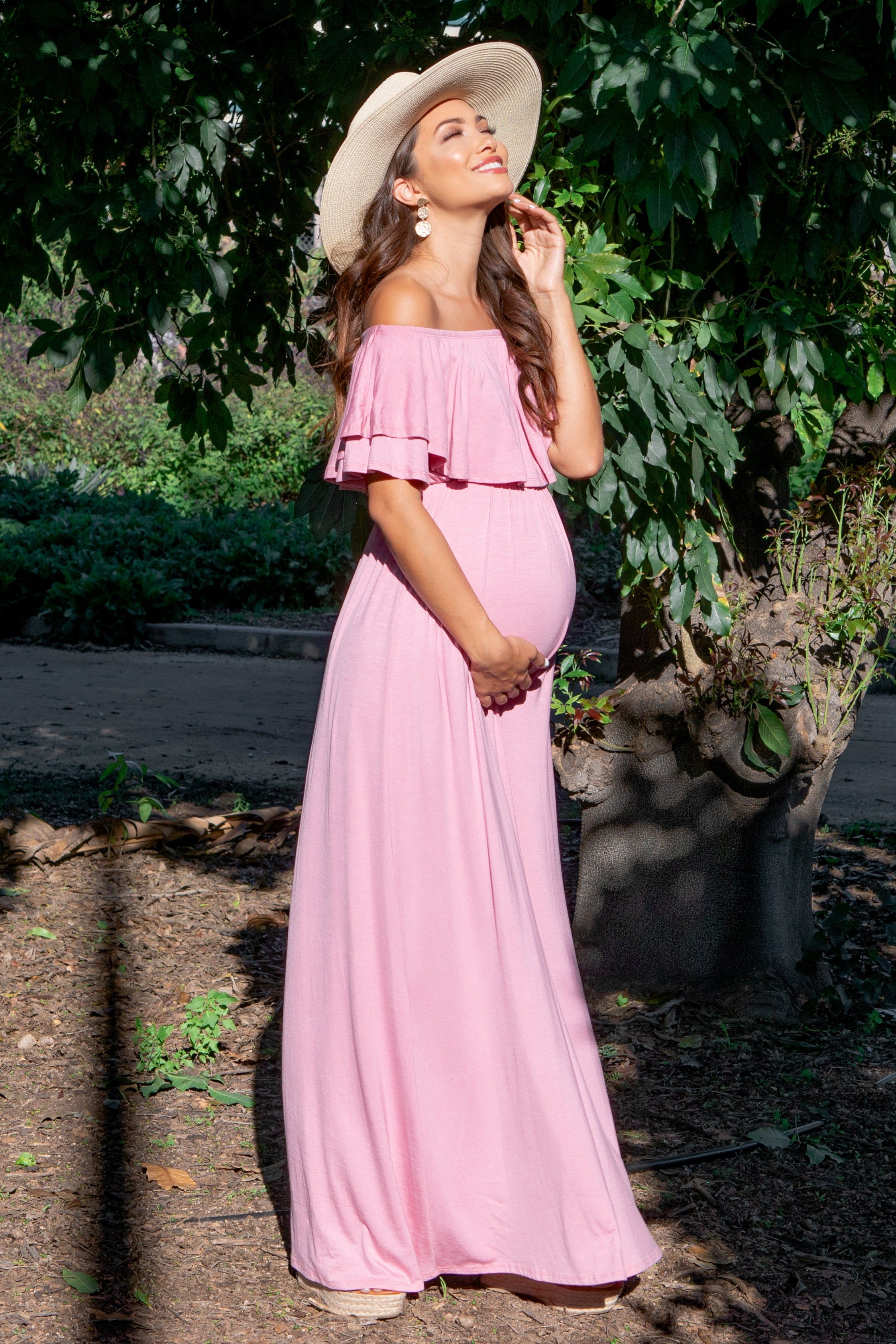Light Pink Off Shoulder Ruffle Trim Maternity Maxi Dress sold by Pinkblush product image thumbnail 4