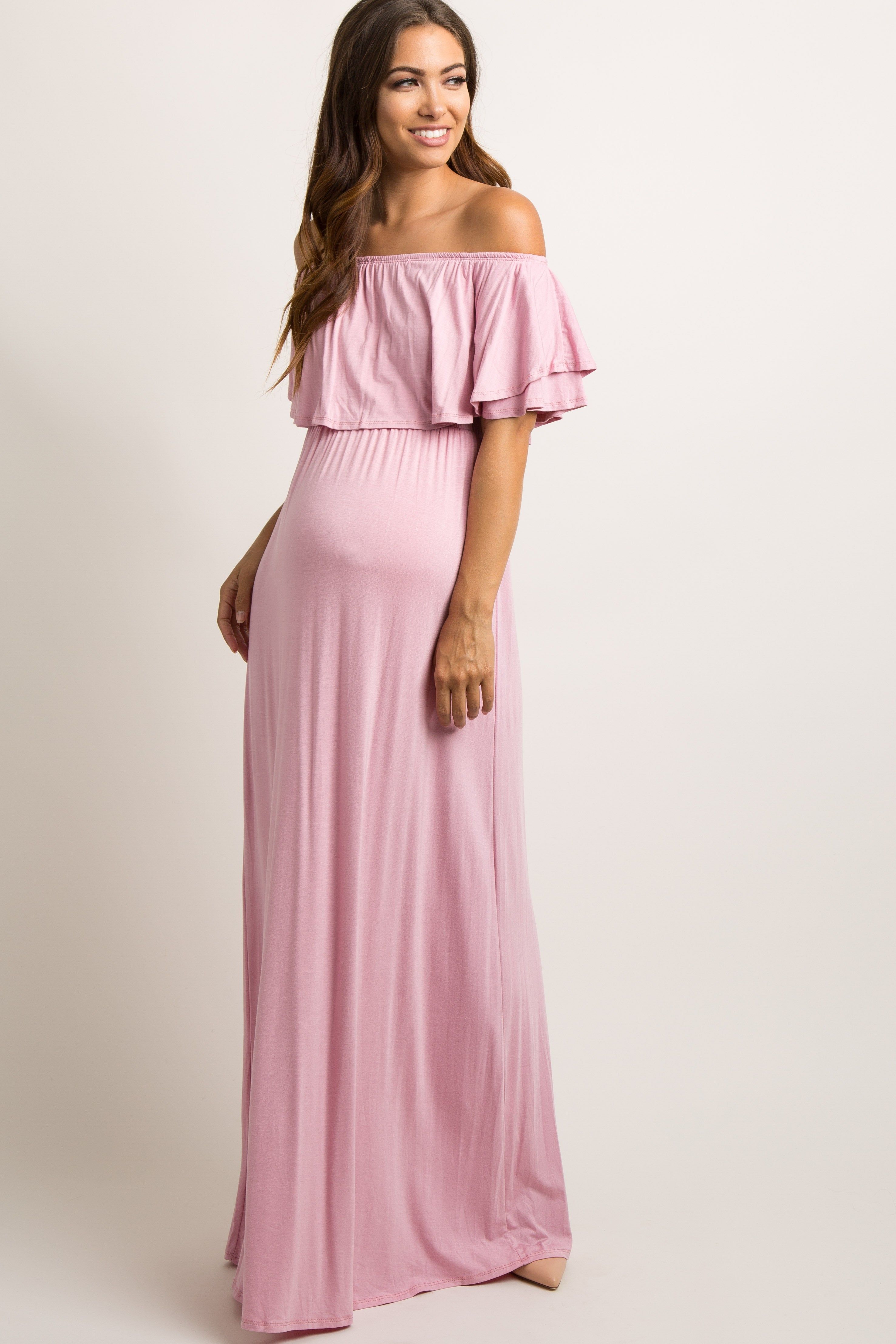 Light Pink Off Shoulder Ruffle Trim Maternity Maxi Dress sold by Pinkblush
