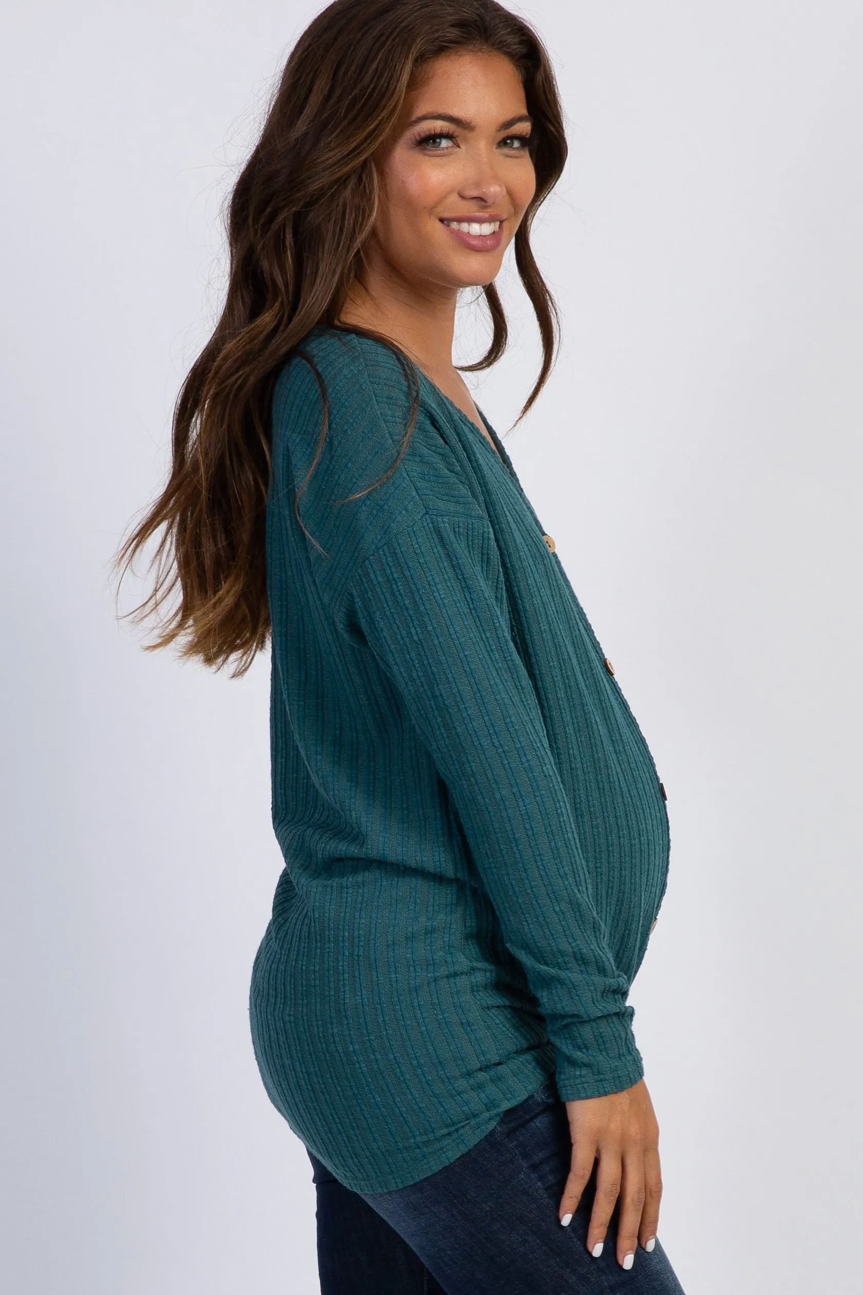 Teal Ribbed Knit Button Tie Front Maternity Top sold by Pinkblush product image thumbnail 2