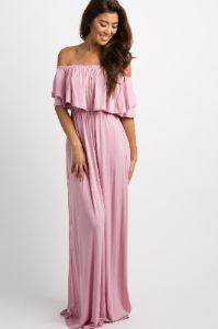 Light Pink Off Shoulder Ruffle Trim Maternity Maxi Dress sold by Pinkblush