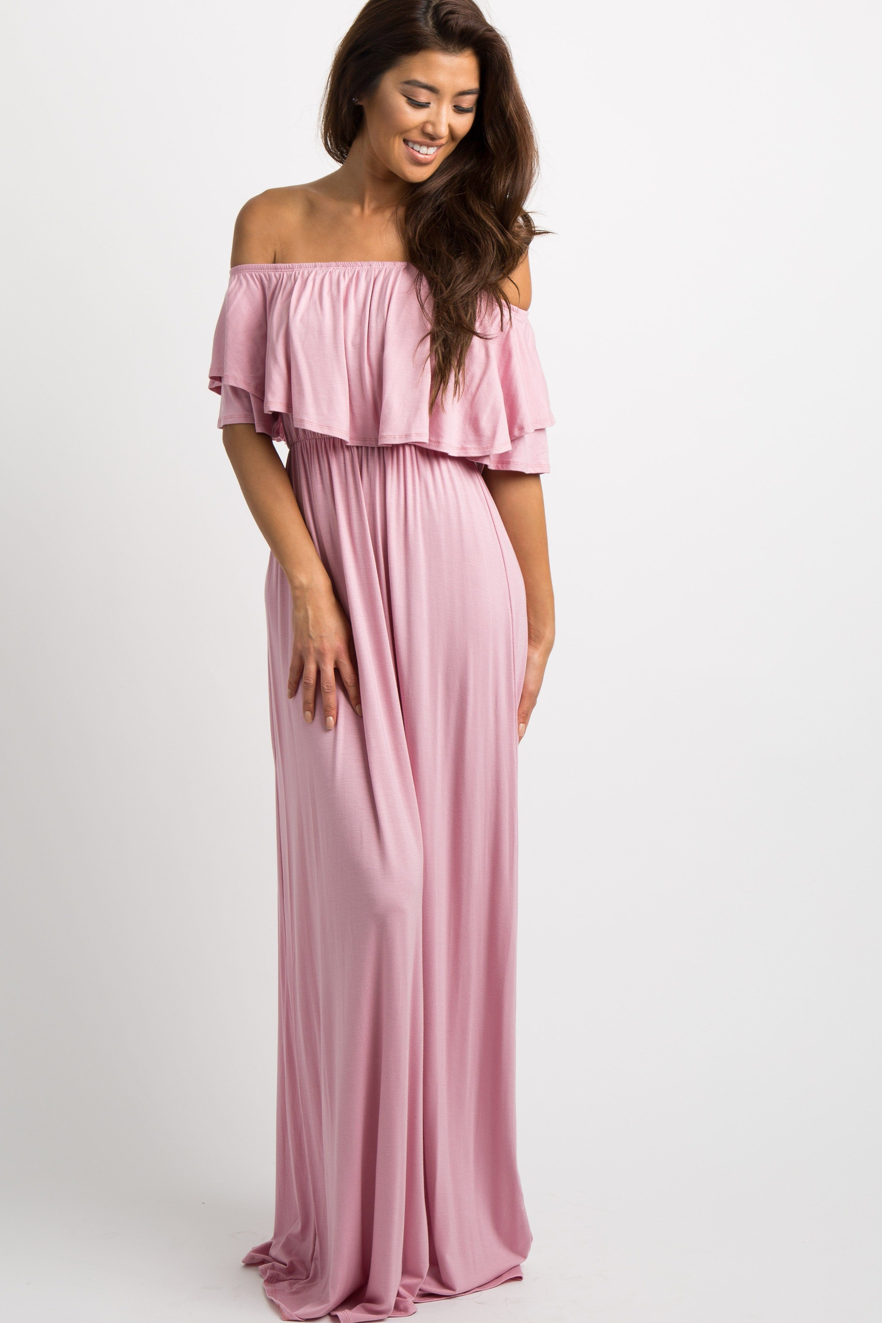 Light Pink Off Shoulder Ruffle Trim Maternity Maxi Dress sold by Pinkblush product image thumbnail 5