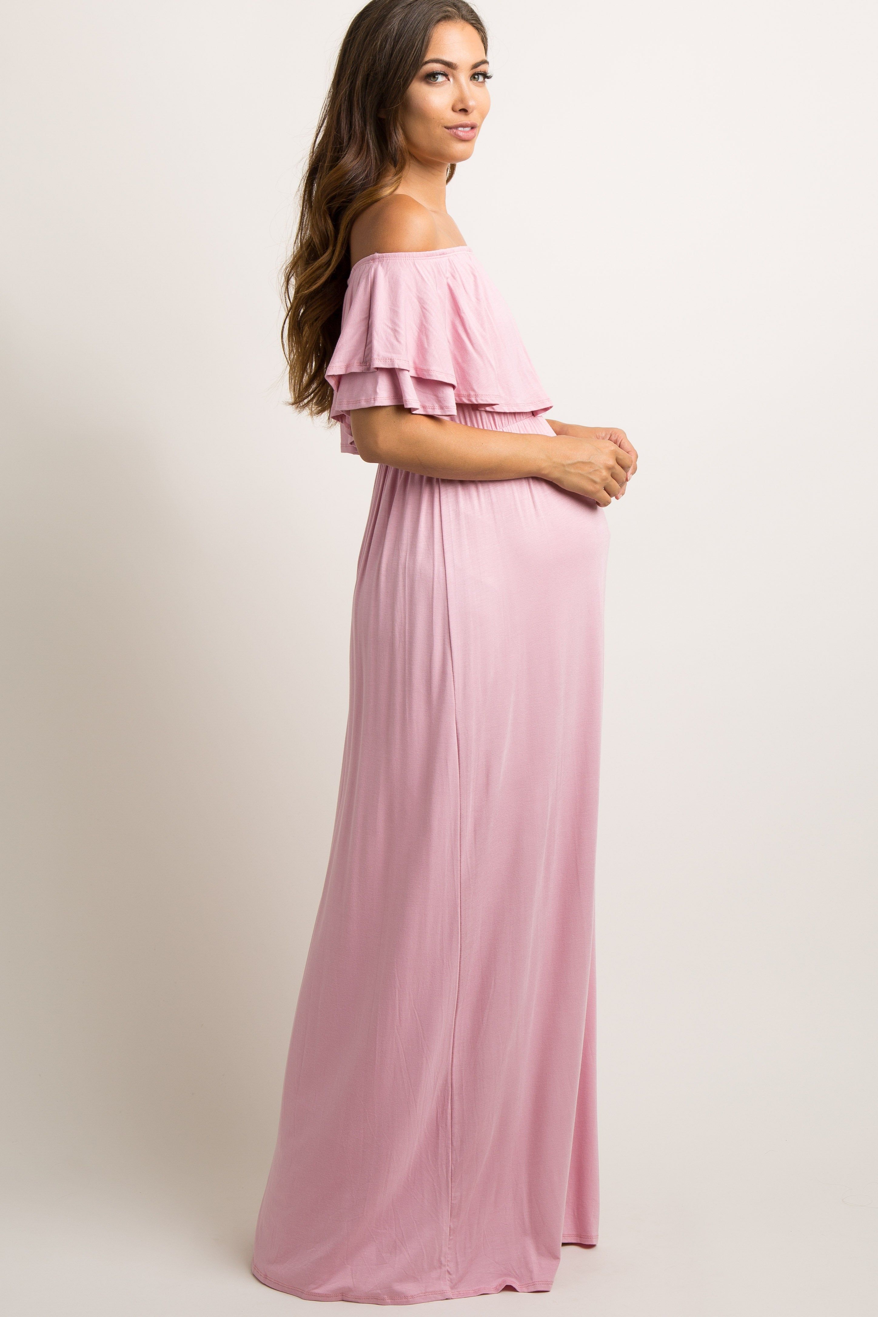 Light Pink Off Shoulder Ruffle Trim Maternity Maxi Dress sold by Pinkblush product image thumbnail 2