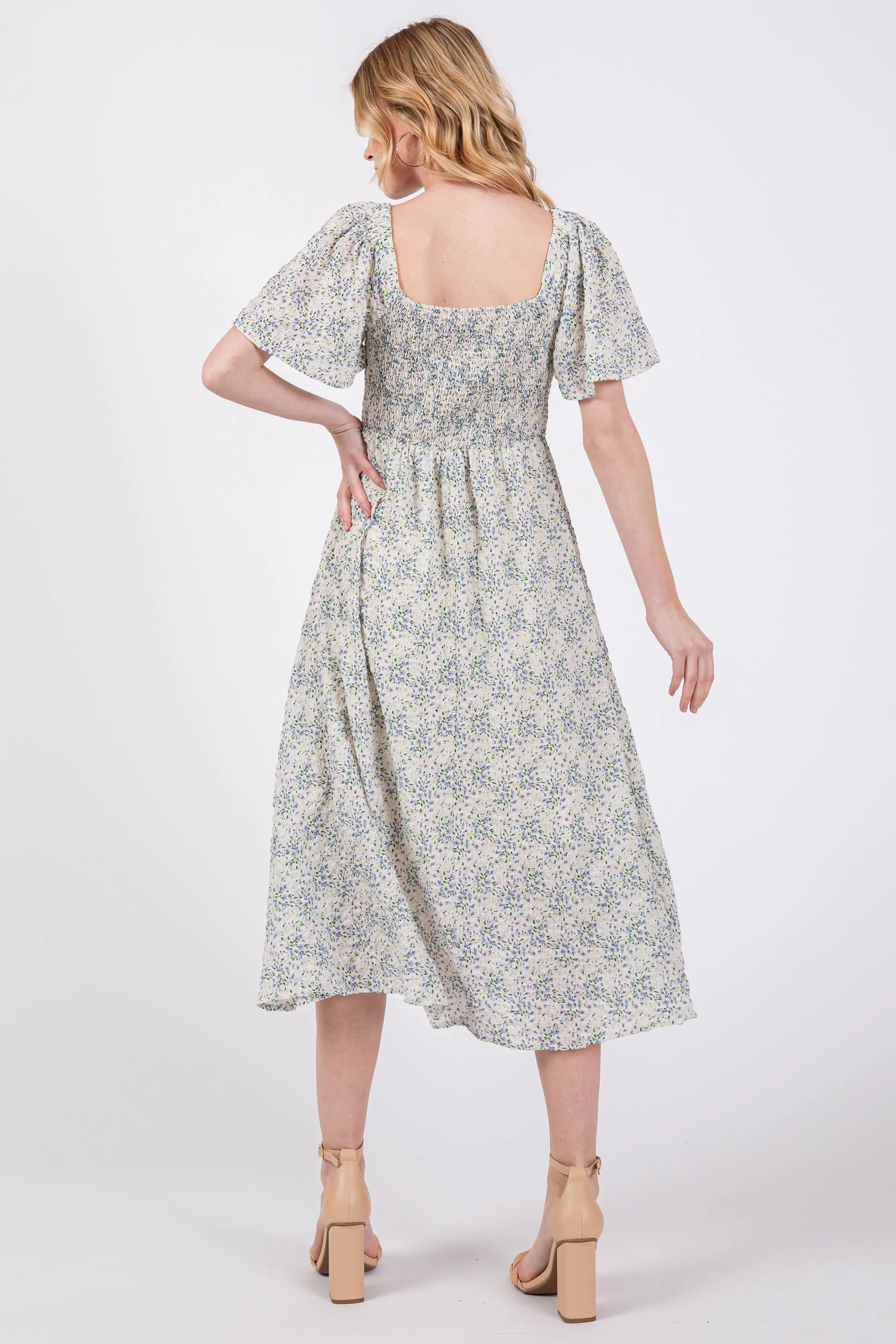 White Floral Square Neck Smocked Midi Dress sold by Pinkblush product image thumbnail 3