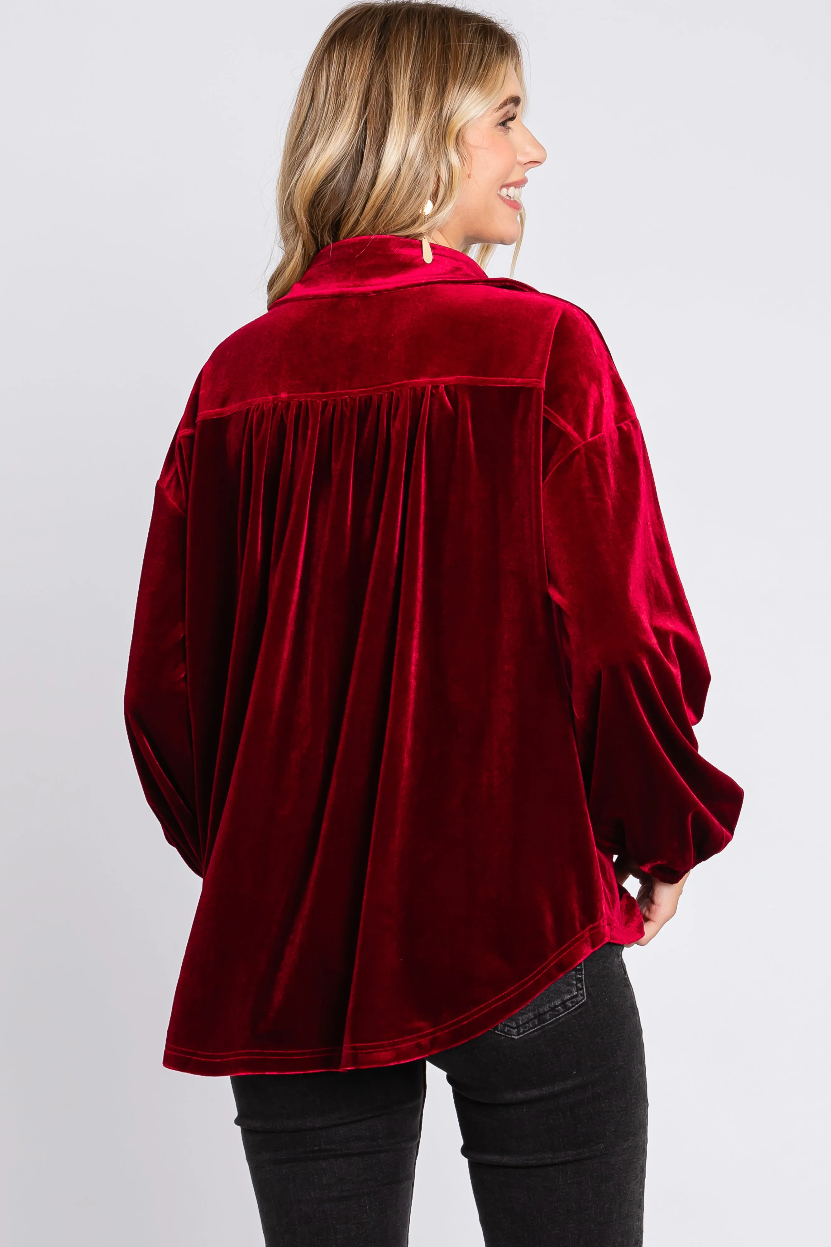 Burgundy Velvet Button Fron Collared Blouse sold by Pinkblush product image thumbnail 3