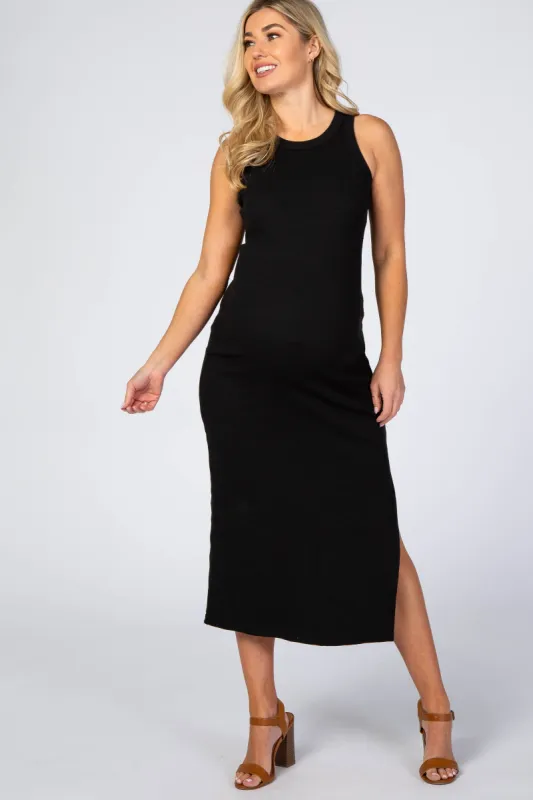 Black Ribbed Fitted Maternity Midi Dress sold by Pinkblush