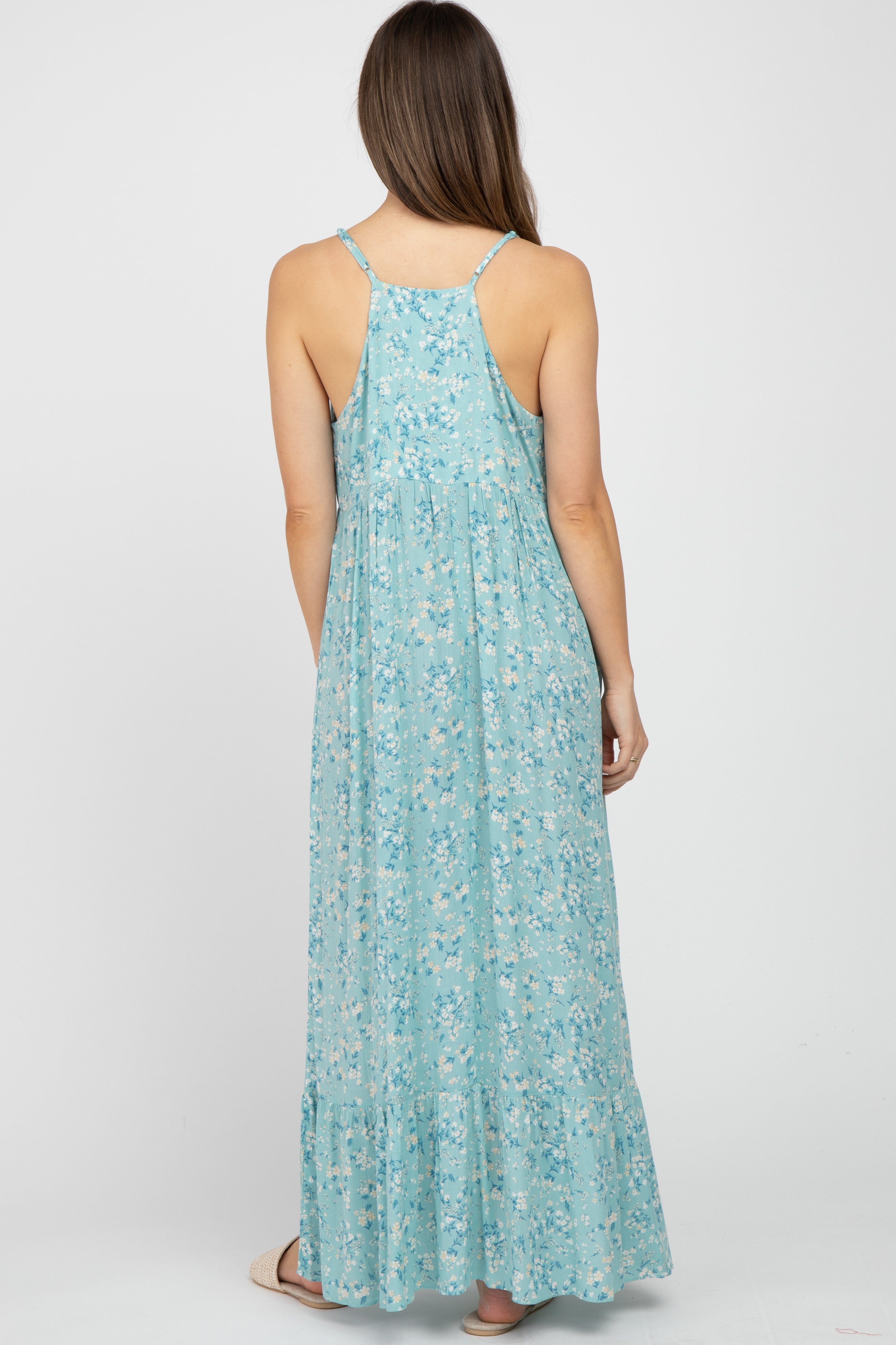 Light Blue Floral Sleeveless Ruffle Hem Maternity Maxi Dress sold by Pinkblush product image thumbnail 3