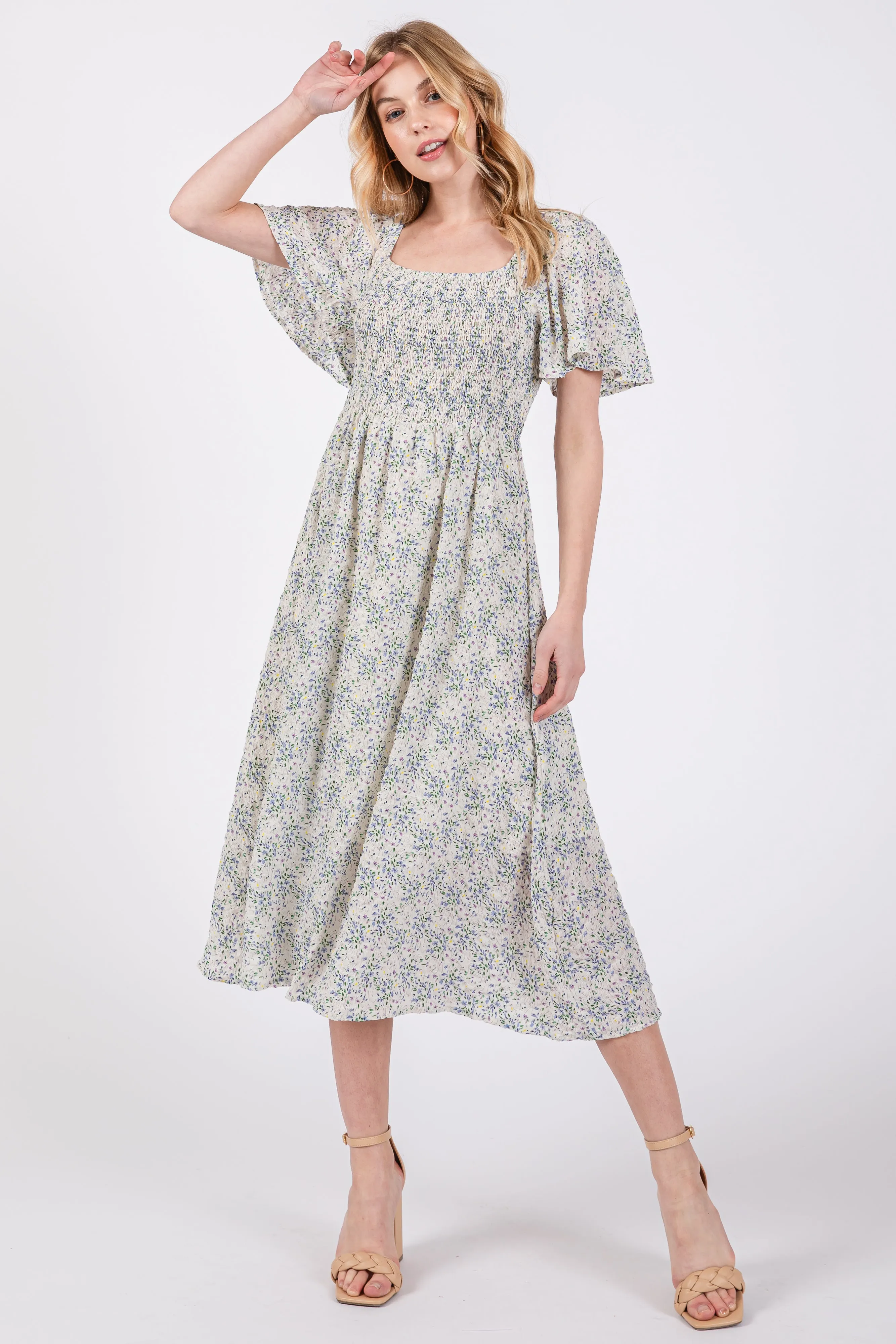 White Floral Square Neck Smocked Midi Dress sold by Pinkblush product image thumbnail 4
