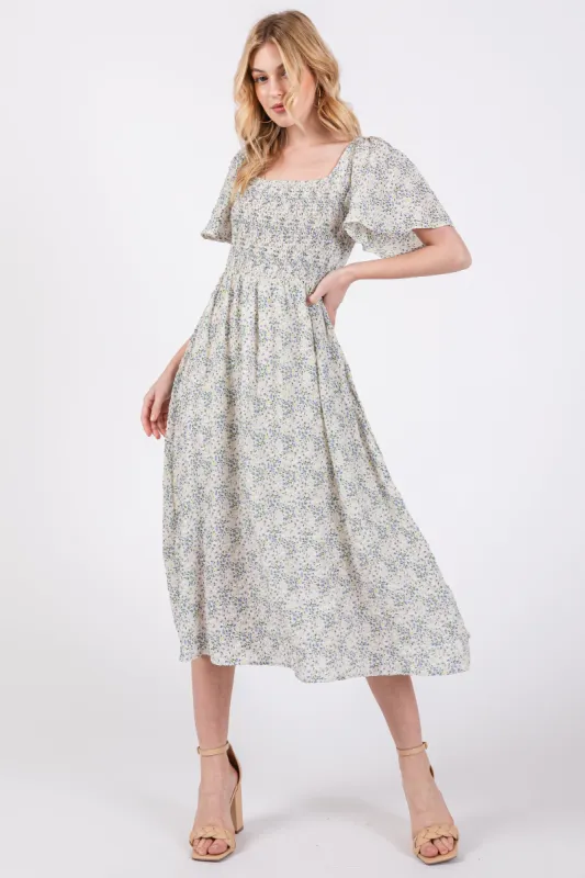 White Floral Square Neck Smocked Midi Dress sold by Pinkblush