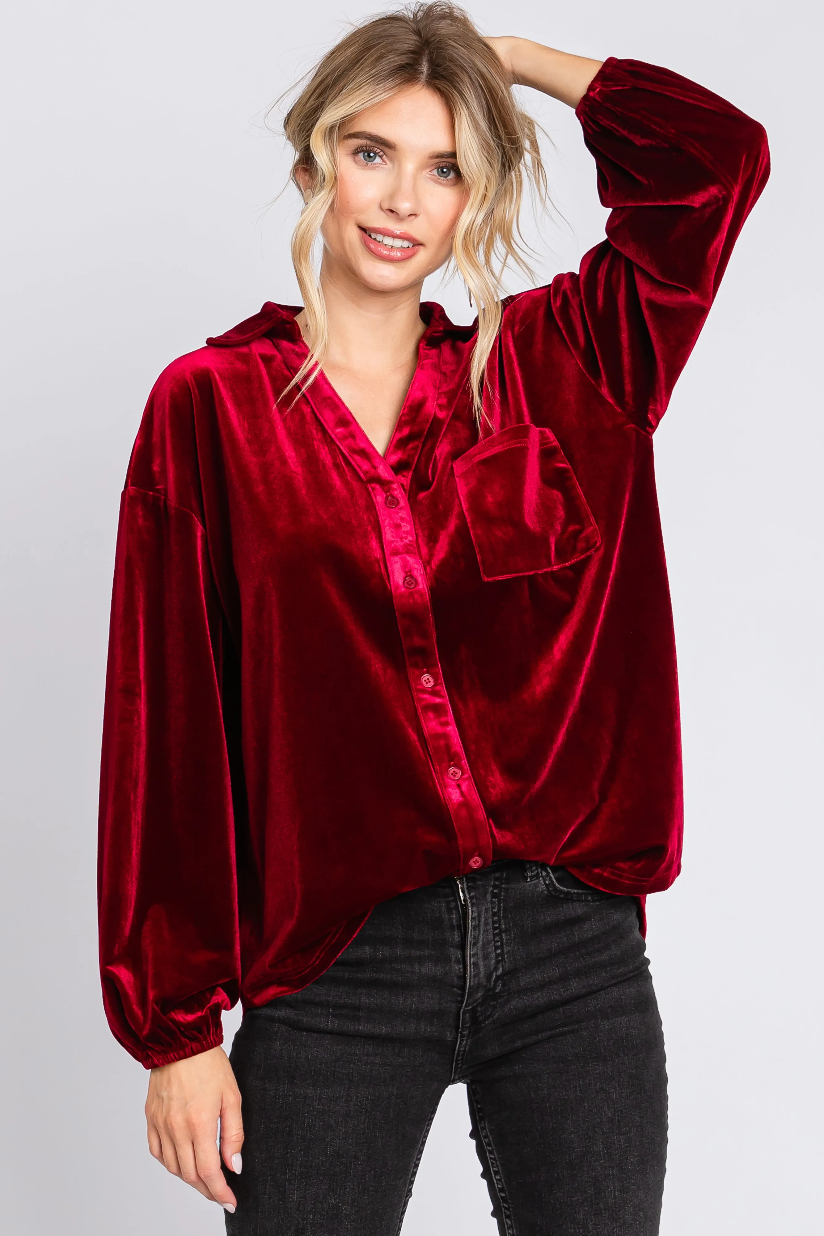 Burgundy Velvet Button Fron Collared Blouse sold by Pinkblush product image thumbnail 4