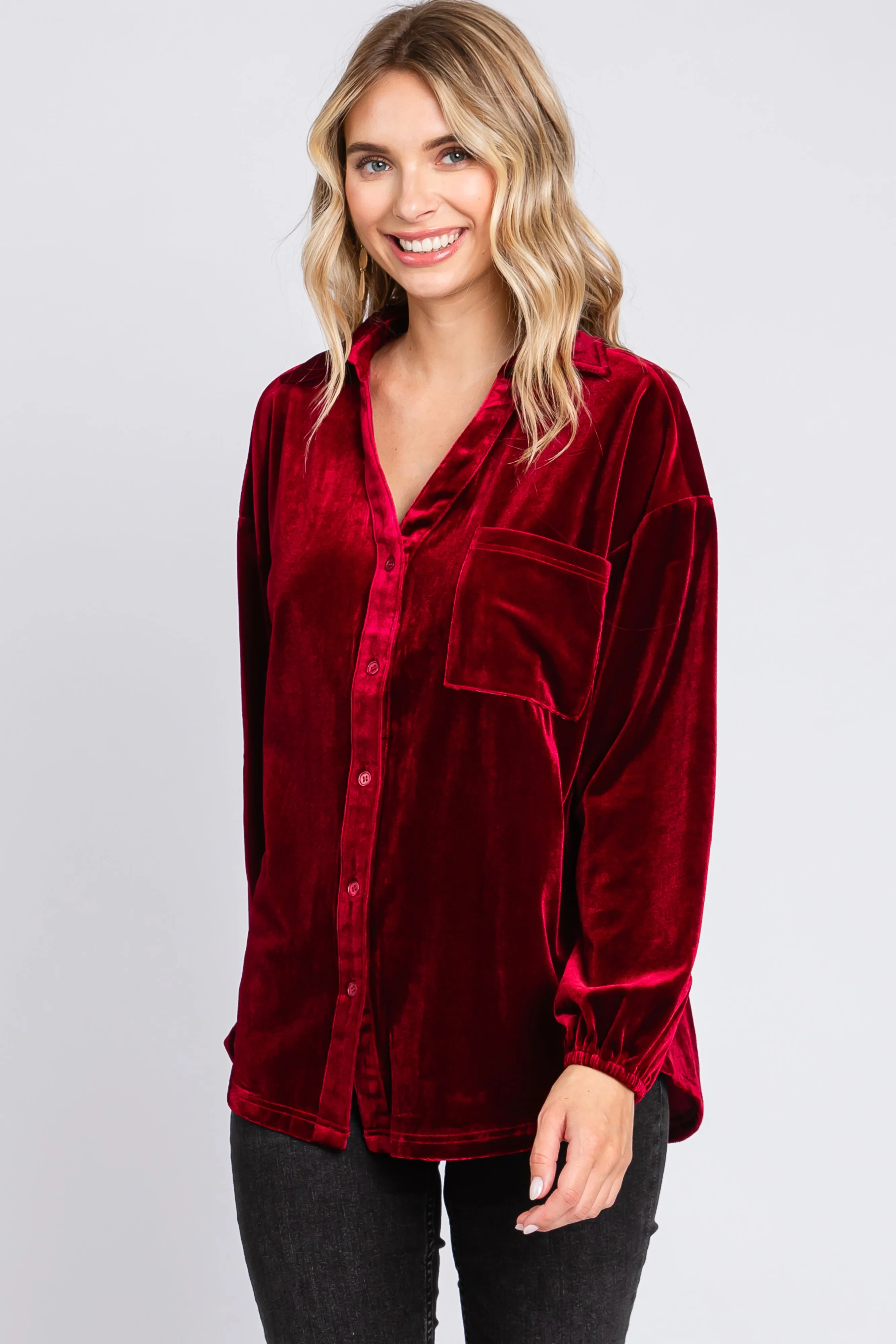 Burgundy Velvet Button Fron Collared Blouse sold by Pinkblush