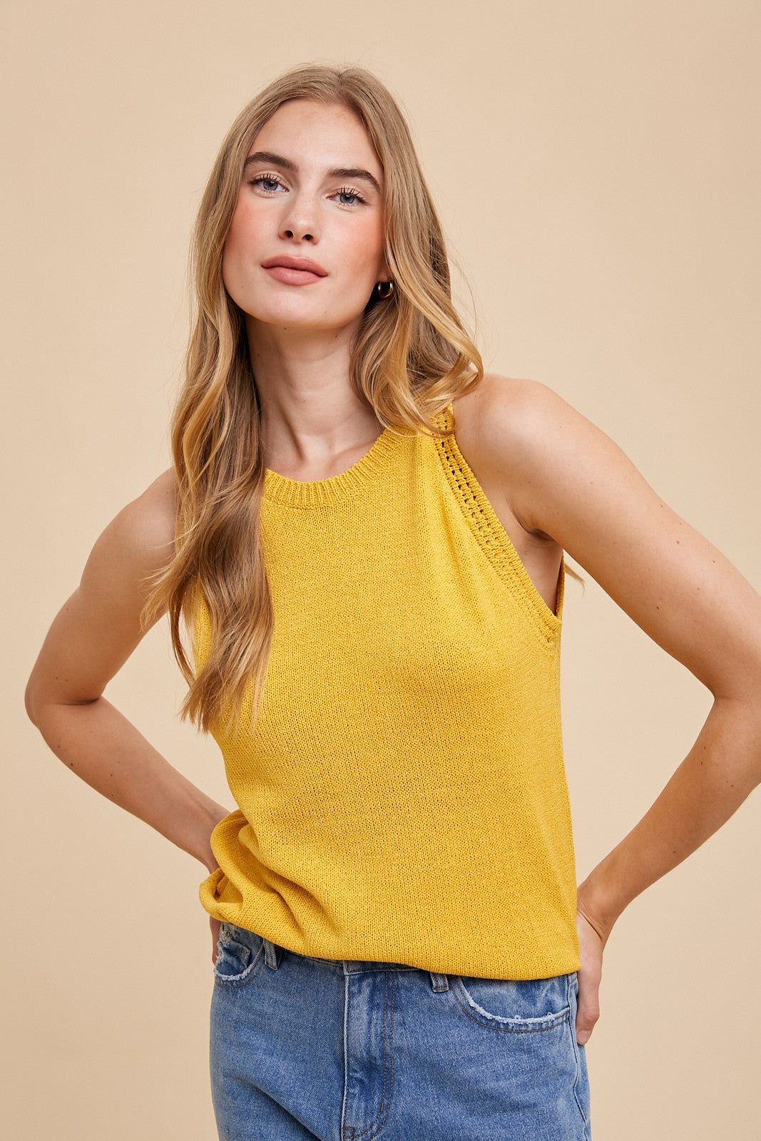 Mustard Sleeveless Knit Top sold by Pinkblush