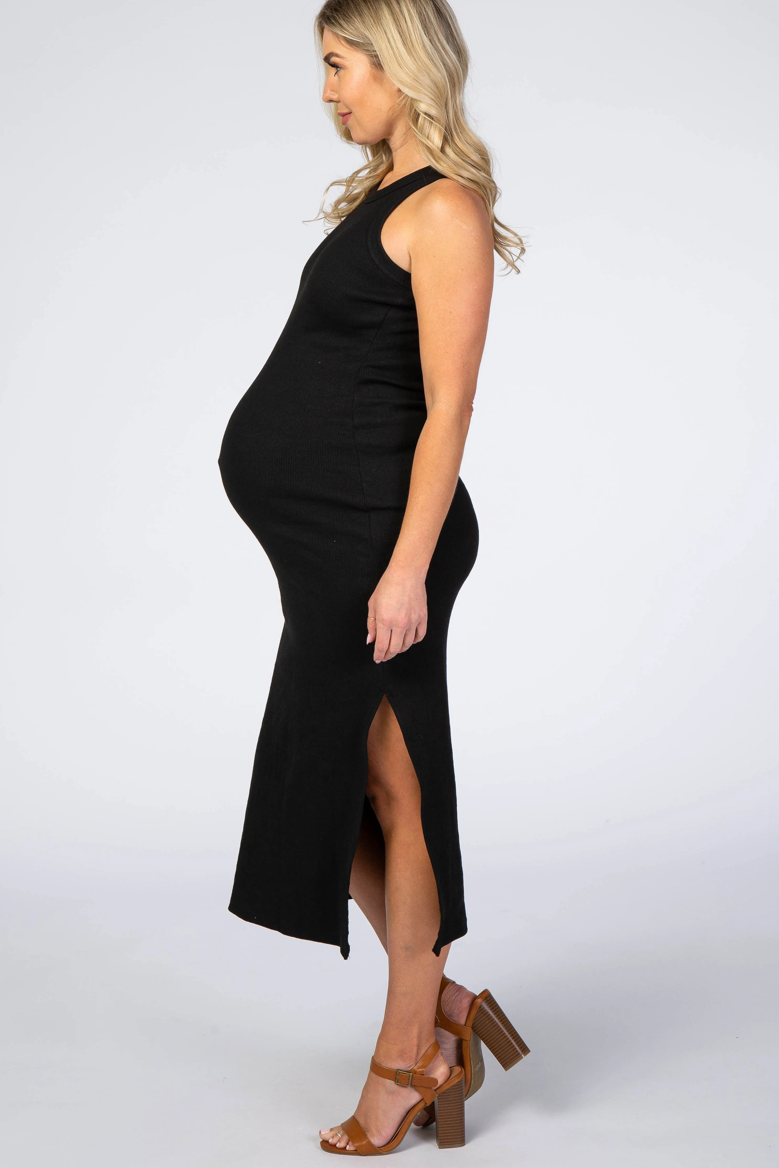 Black Ribbed Fitted Maternity Midi Dress sold by Pinkblush product image thumbnail 2