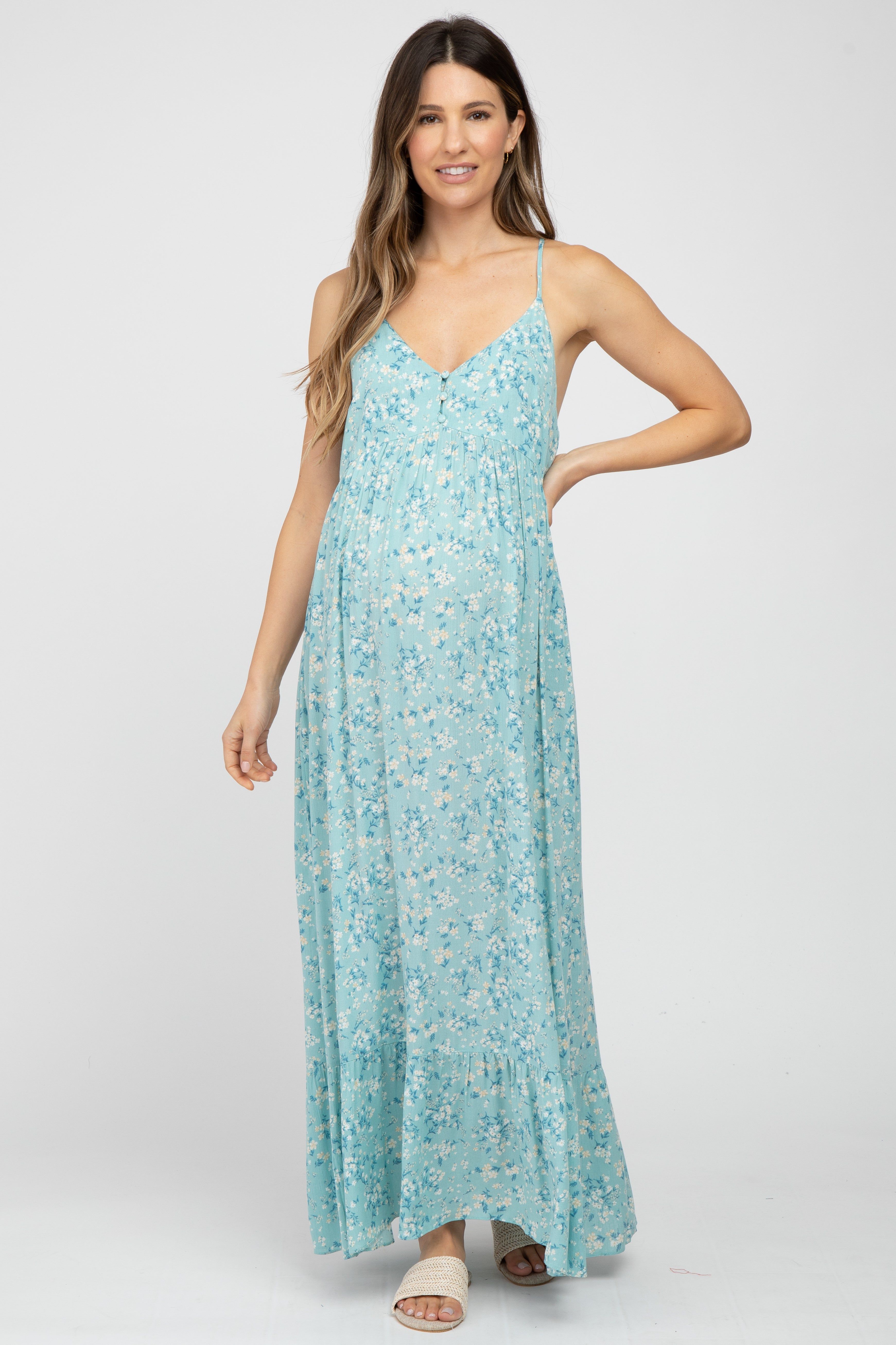 Light Blue Floral Sleeveless Ruffle Hem Maternity Maxi Dress sold by Pinkblush