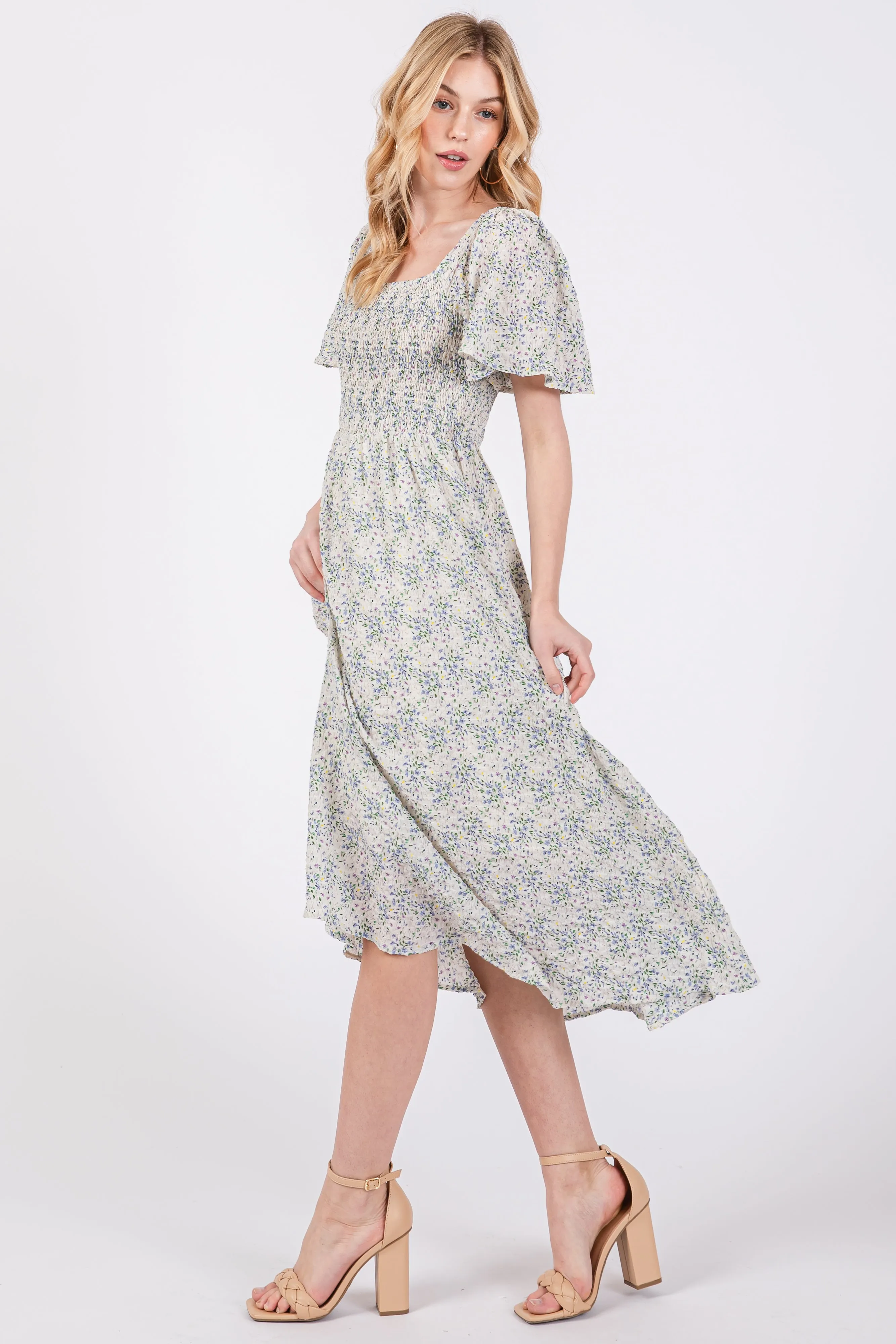 White Floral Square Neck Smocked Midi Dress sold by Pinkblush product image thumbnail 2