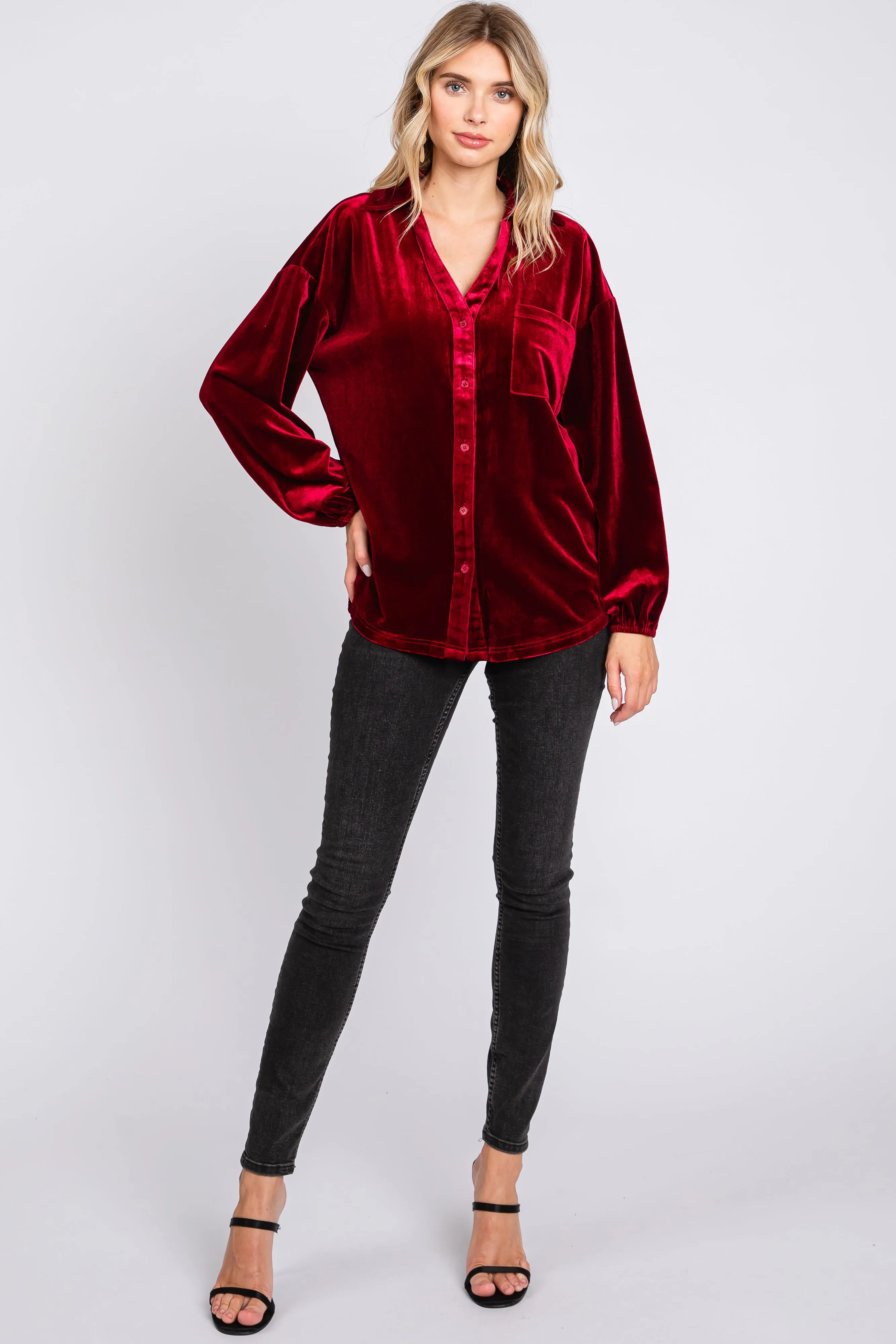 Burgundy Velvet Button Fron Collared Blouse sold by Pinkblush product image thumbnail 5