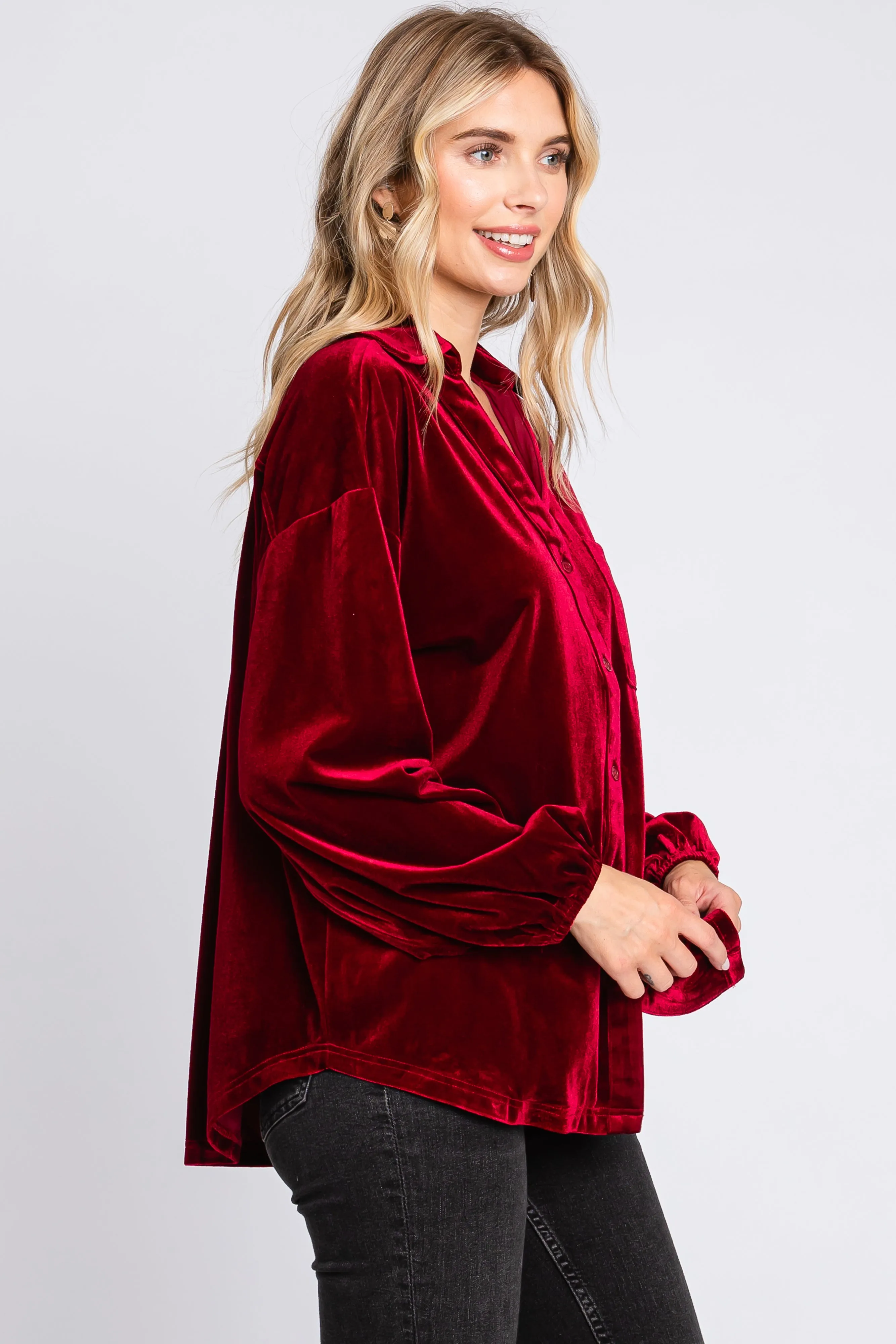 Burgundy Velvet Button Fron Collared Blouse sold by Pinkblush product image thumbnail 2