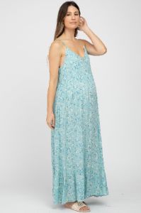 Light Blue Floral Sleeveless Ruffle Hem Maternity Maxi Dress sold by Pinkblush