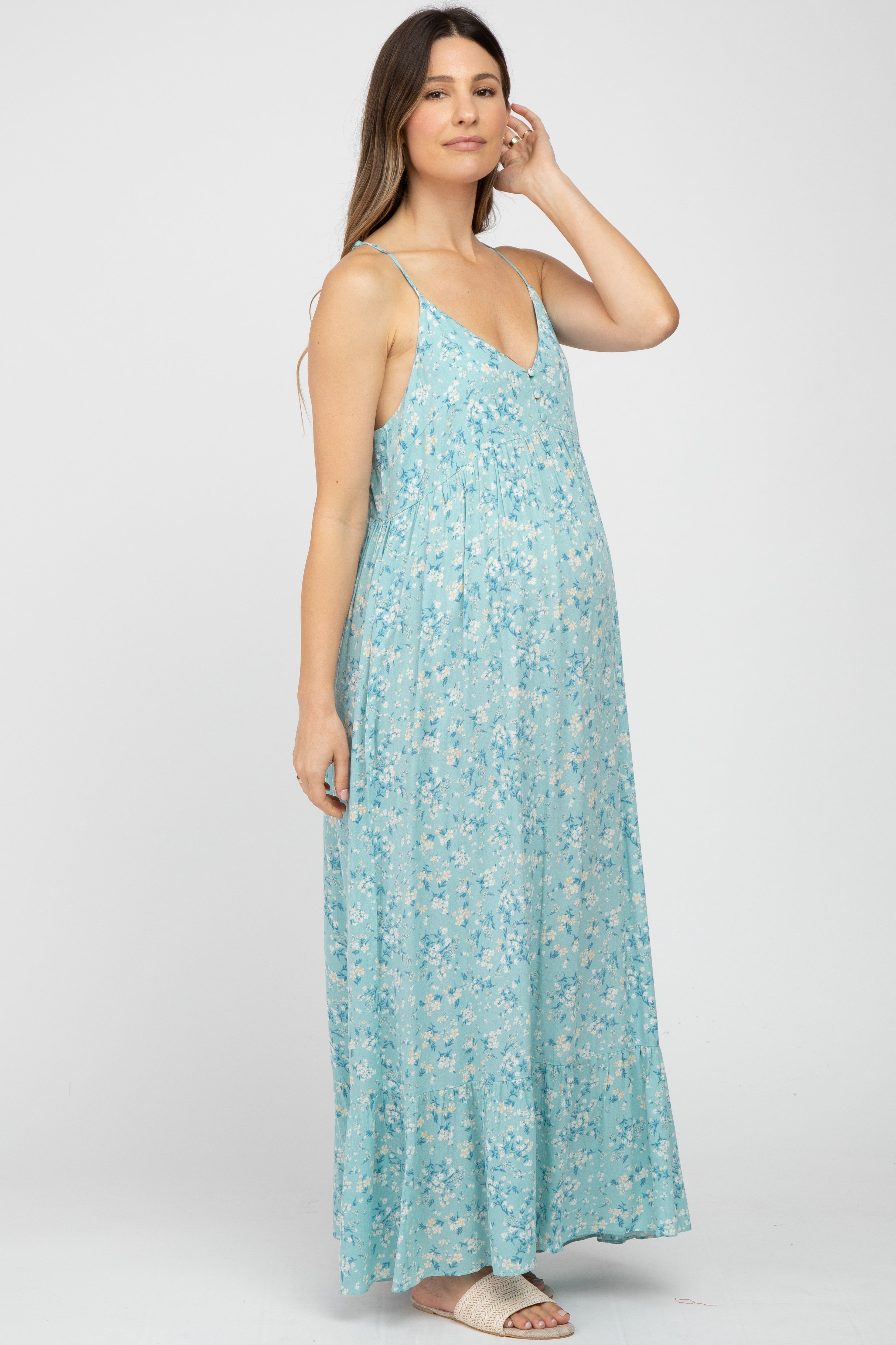 Light Blue Floral Sleeveless Ruffle Hem Maternity Maxi Dress sold by Pinkblush product image thumbnail 2