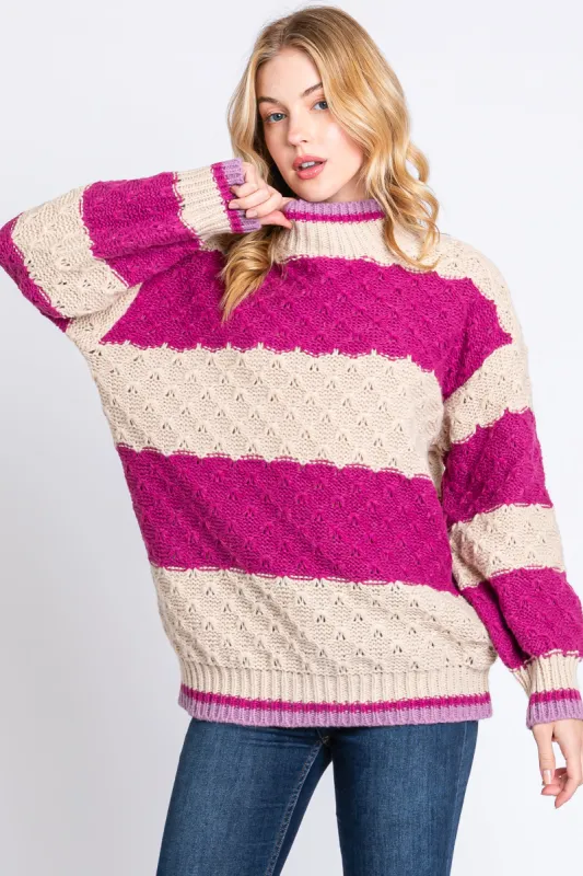Magenta Striped Mock Neck Sweater sold by Pinkblush