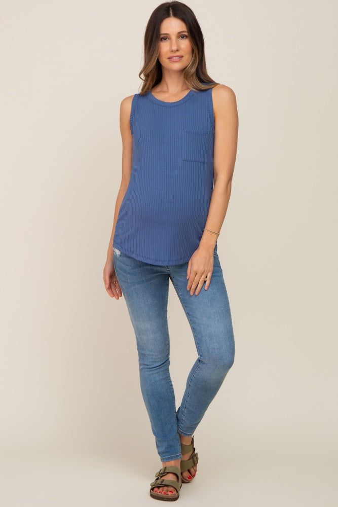 Blue Sleeveless Ribbed Pocked Maternity Top sold by Pinkblush product image thumbnail 4